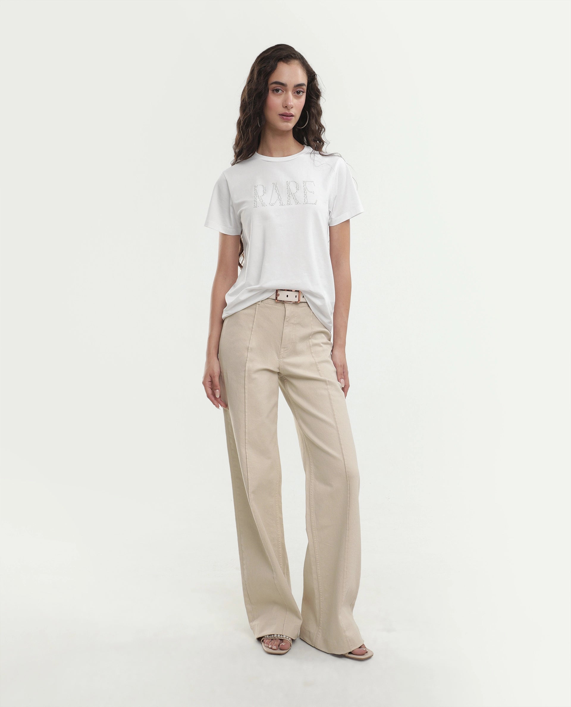 Rareism Women's Pearlo Off White Cotton Blend Pull-On Regular Fit Printed T-Shirt