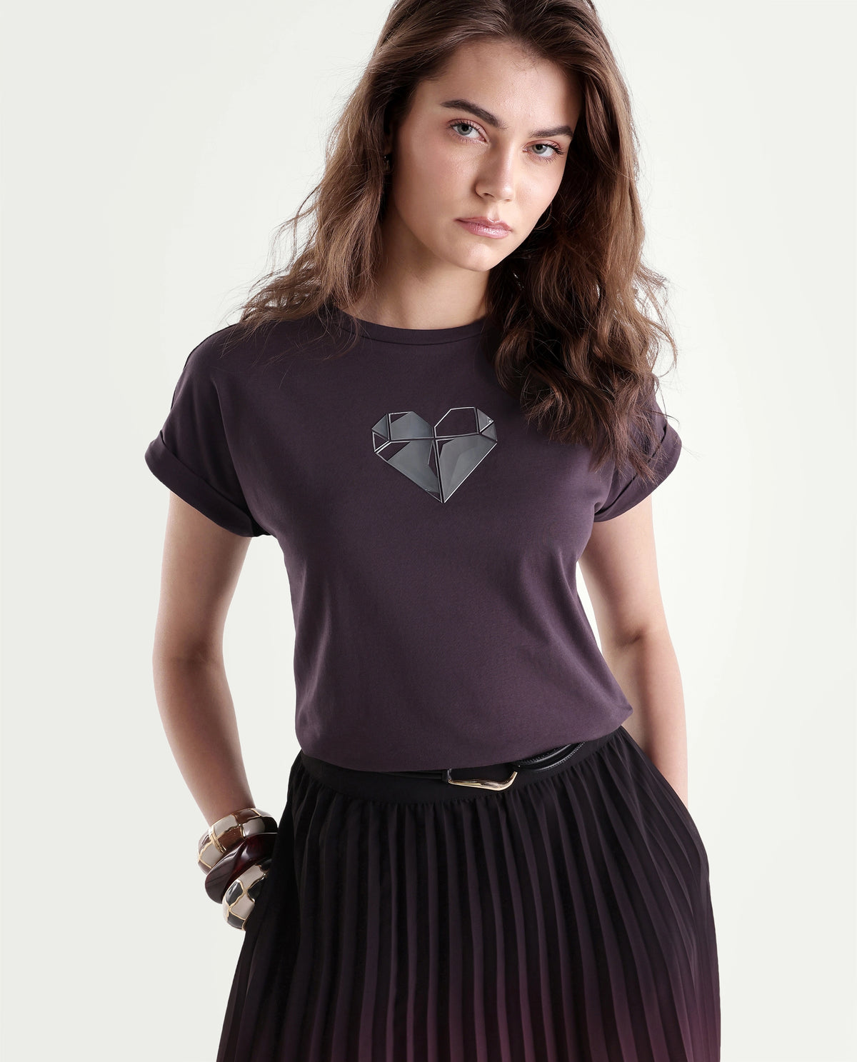 Rareism Women's Pline Dark Purple Cotton Blend Pull-On Relaxed Fit Embroidered T-Shirt