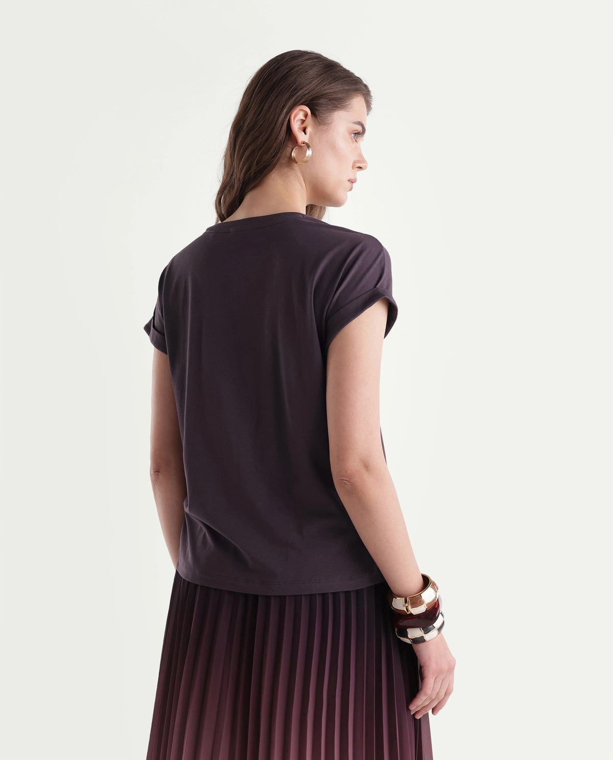 Rareism Women's Pline Dark Purple Cotton Blend Pull-On Relaxed Fit Embroidered T-Shirt