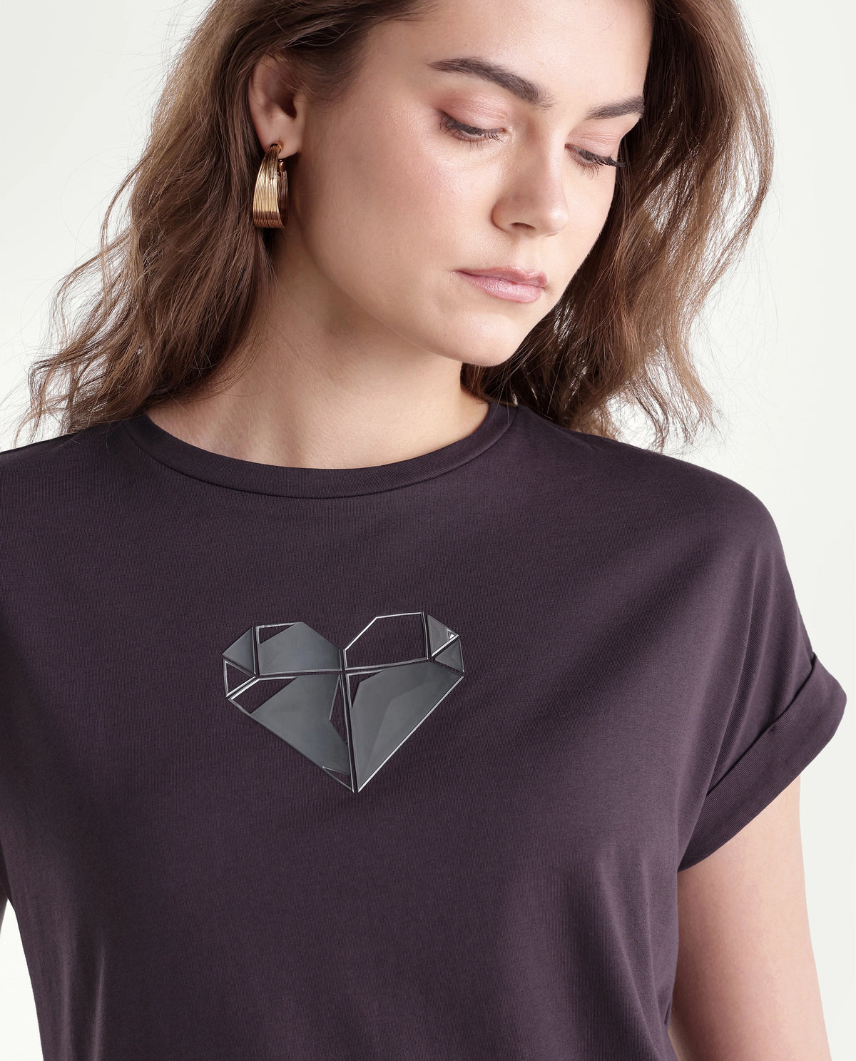 Rareism Women's Pline Dark Purple Cotton Blend Pull-On Relaxed Fit Embroidered T-Shirt