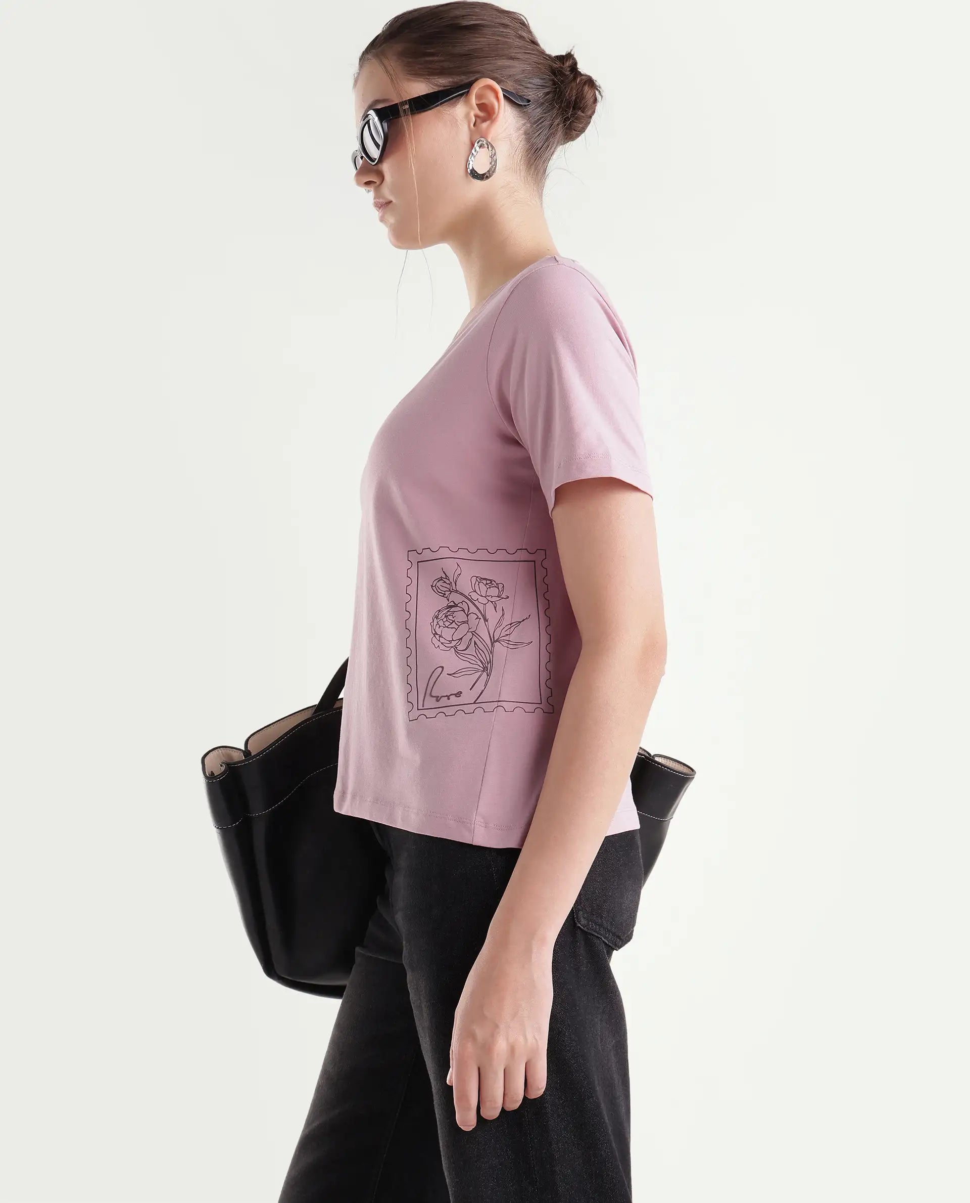 Rareism Women's Pecko Dusky Pink Cotton Blend Pull-On Relaxed Fit Printed T-Shirt