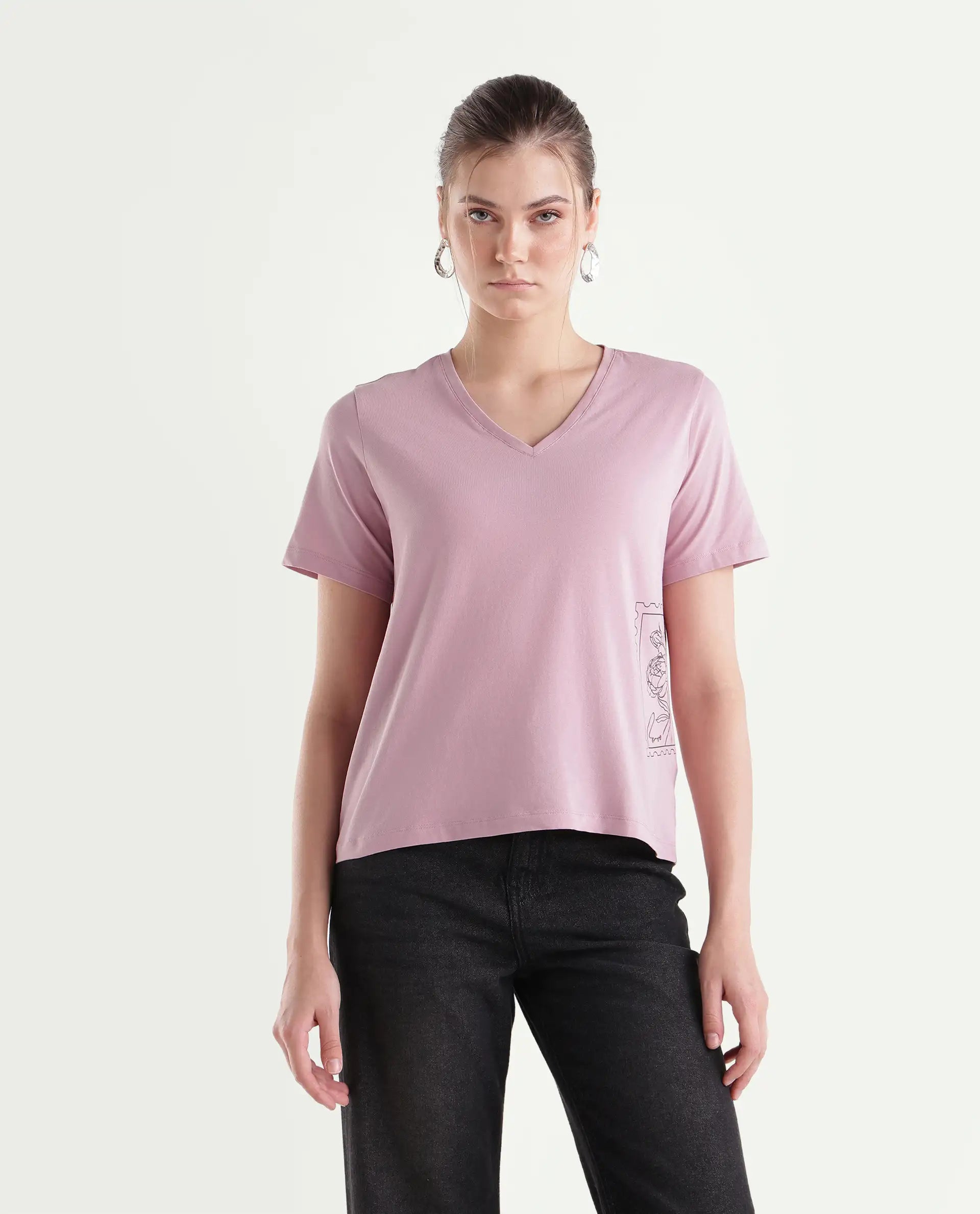 Rareism Women's Pecko Dusky Pink Cotton Blend Pull-On Relaxed Fit Printed T-Shirt