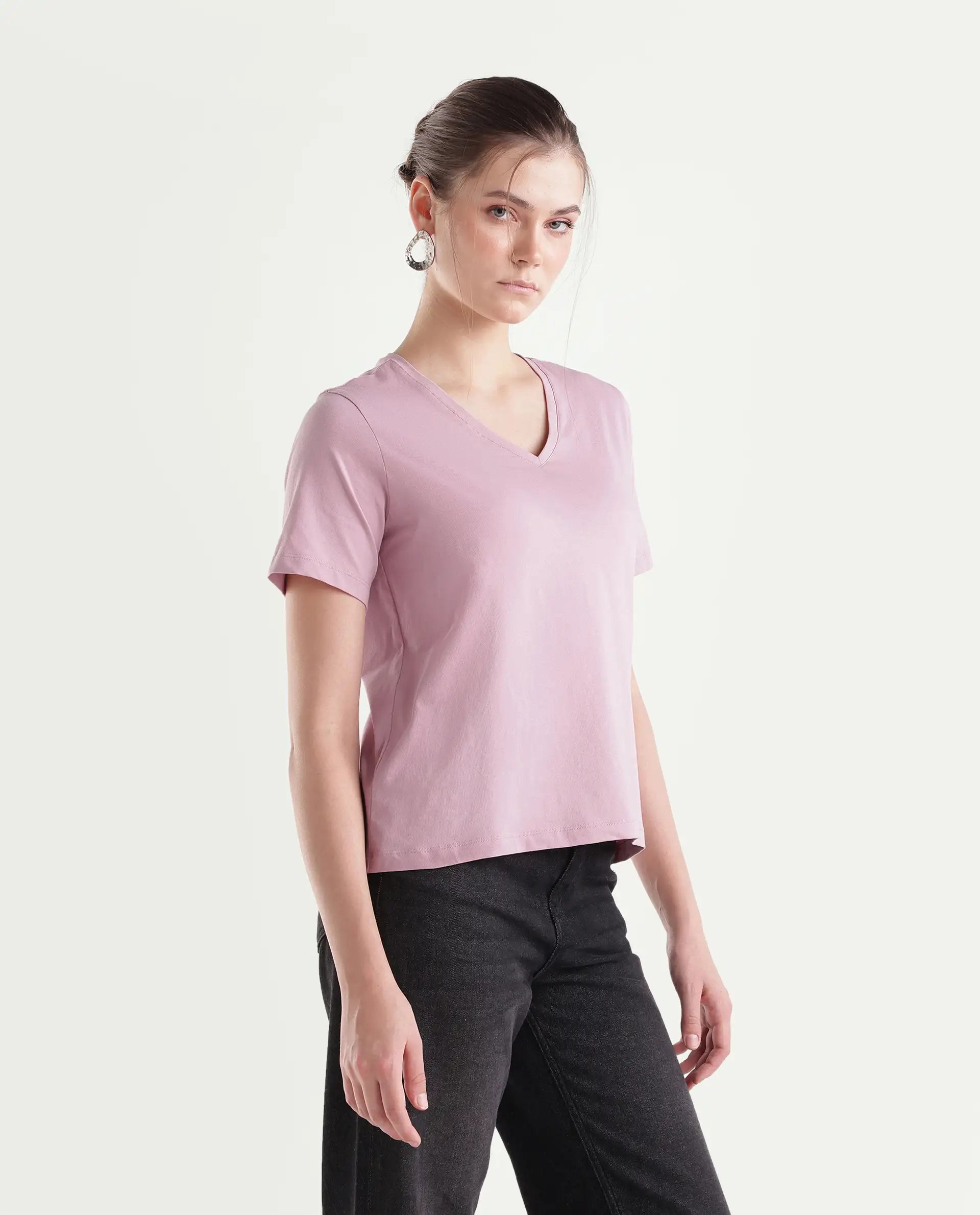 Rareism Women's Pecko Dusky Pink Cotton Blend Pull-On Relaxed Fit Printed T-Shirt
