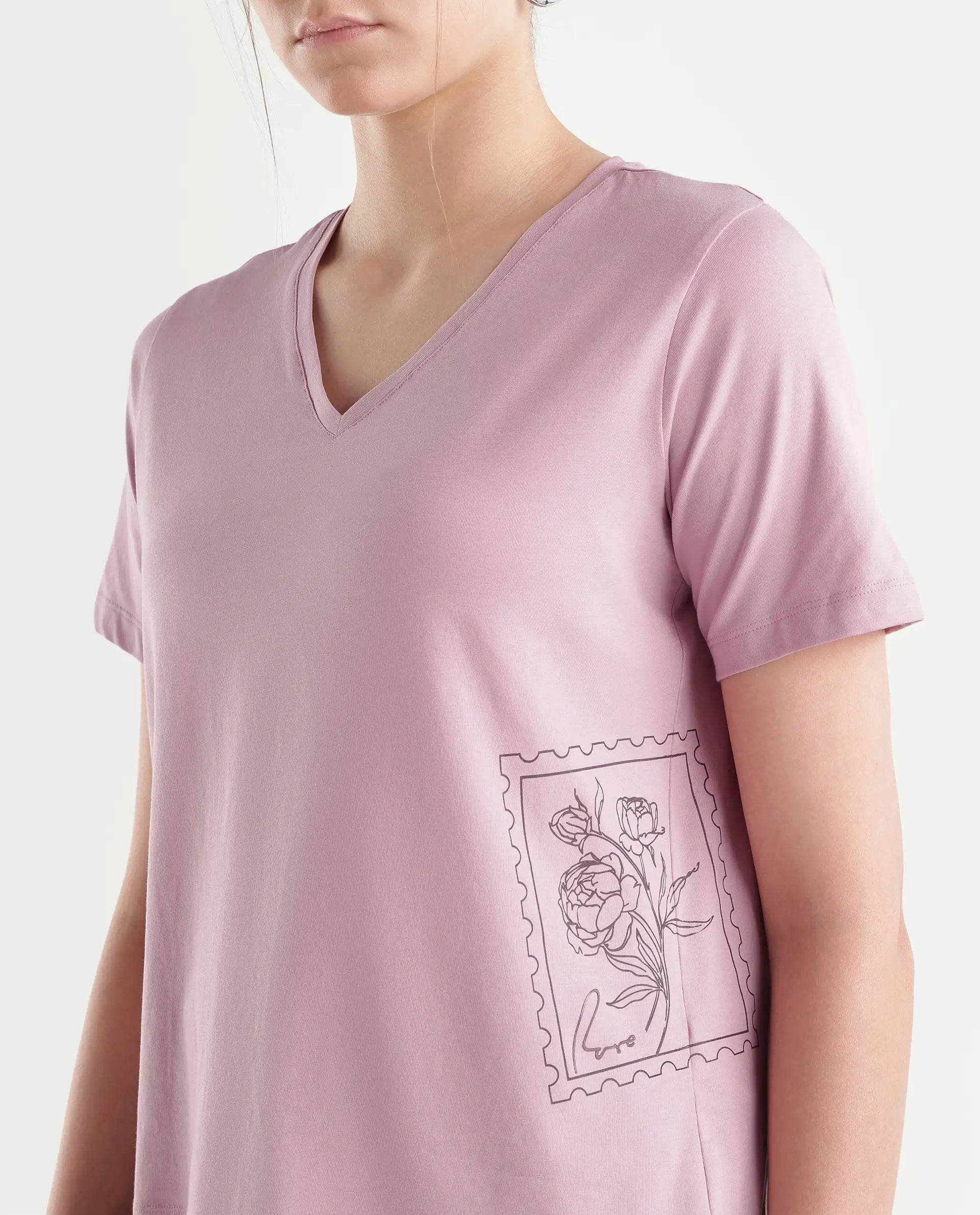 Rareism Women's Pecko Dusky Pink Cotton Blend Pull-On Relaxed Fit Printed T-Shirt