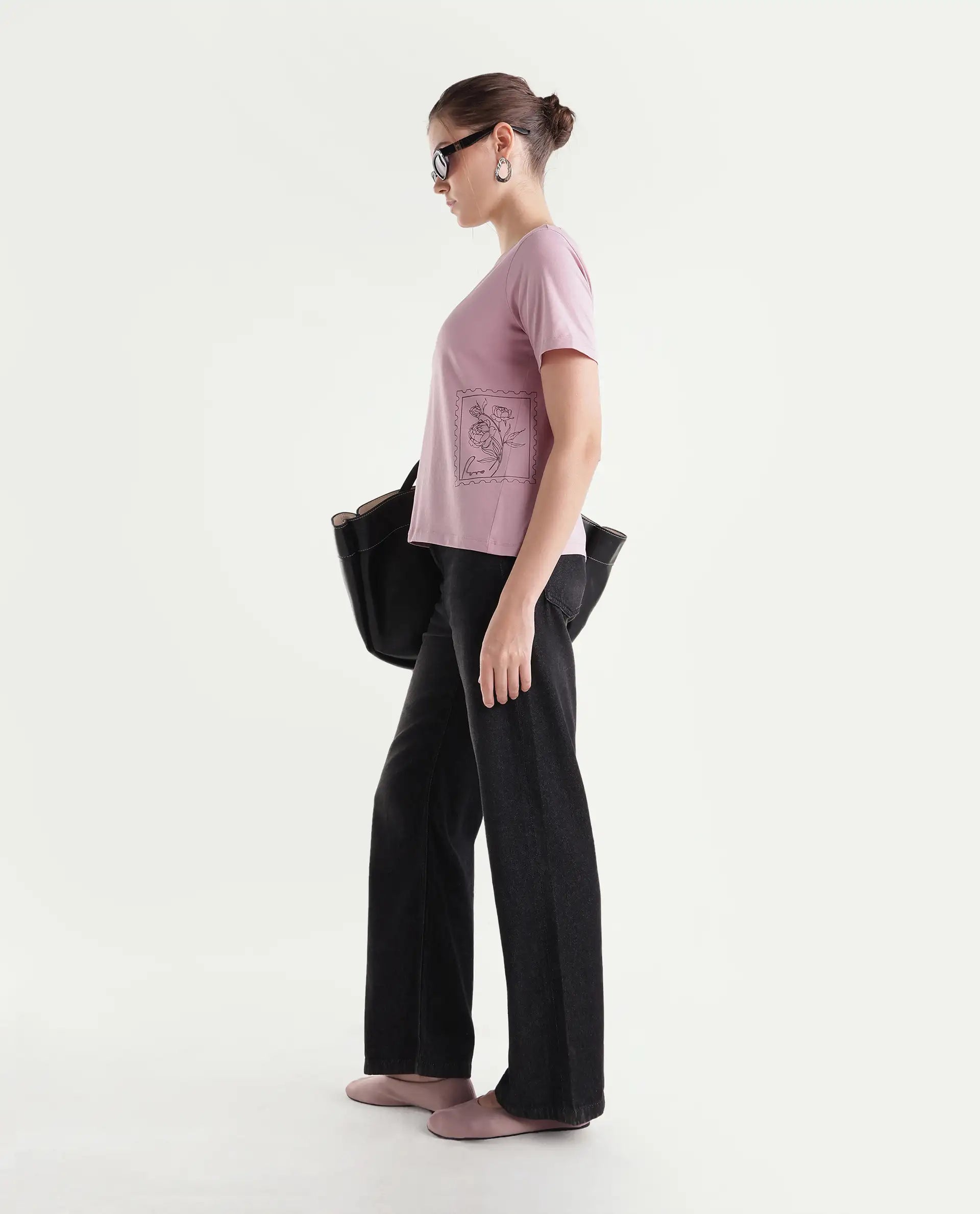 Rareism Women's Pecko Dusky Pink Cotton Blend Pull-On Relaxed Fit Printed T-Shirt