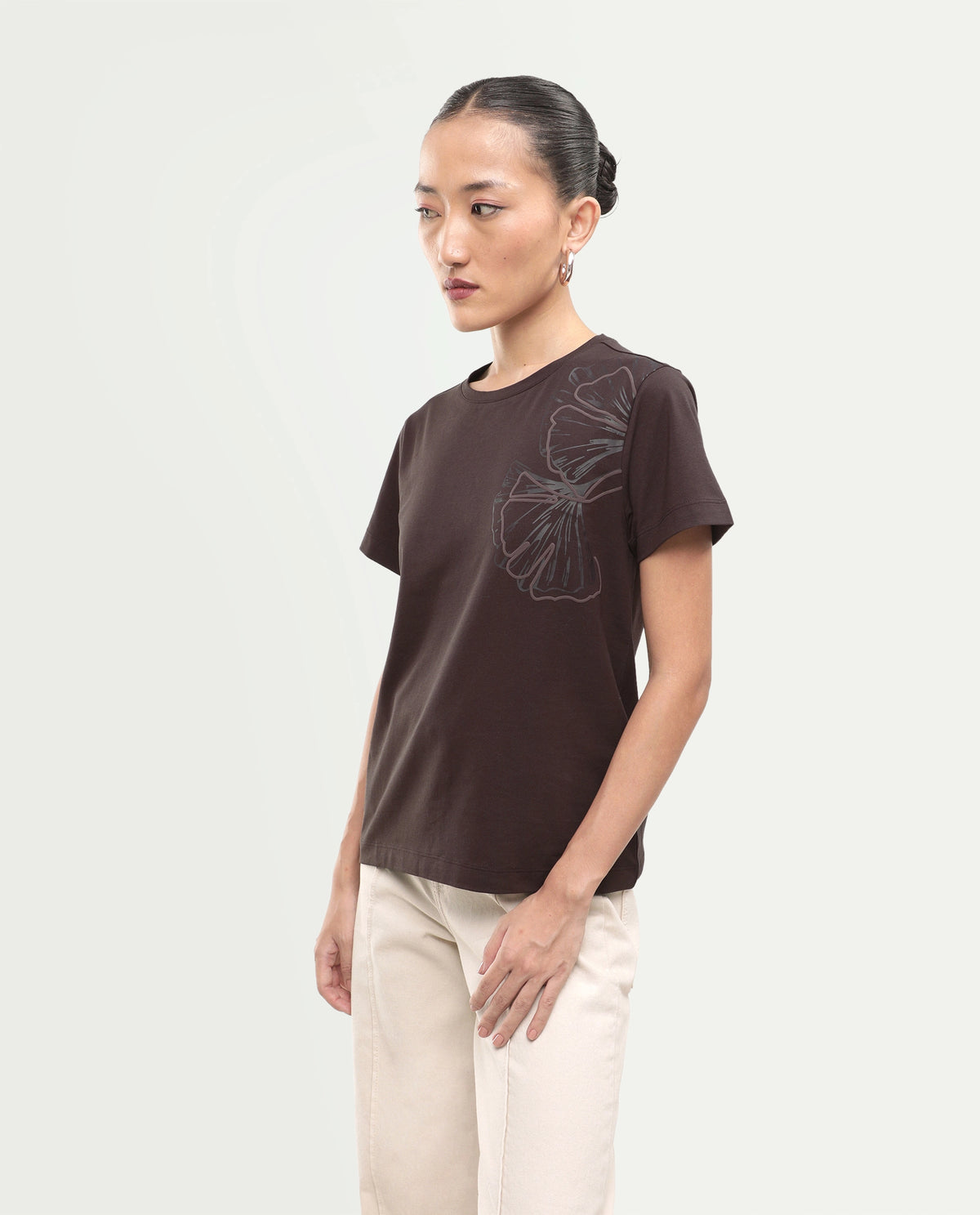 Rareism Women's Puncho Dark Brown Cotton Blend Pull-On Regular Fit Printed T-Shirt