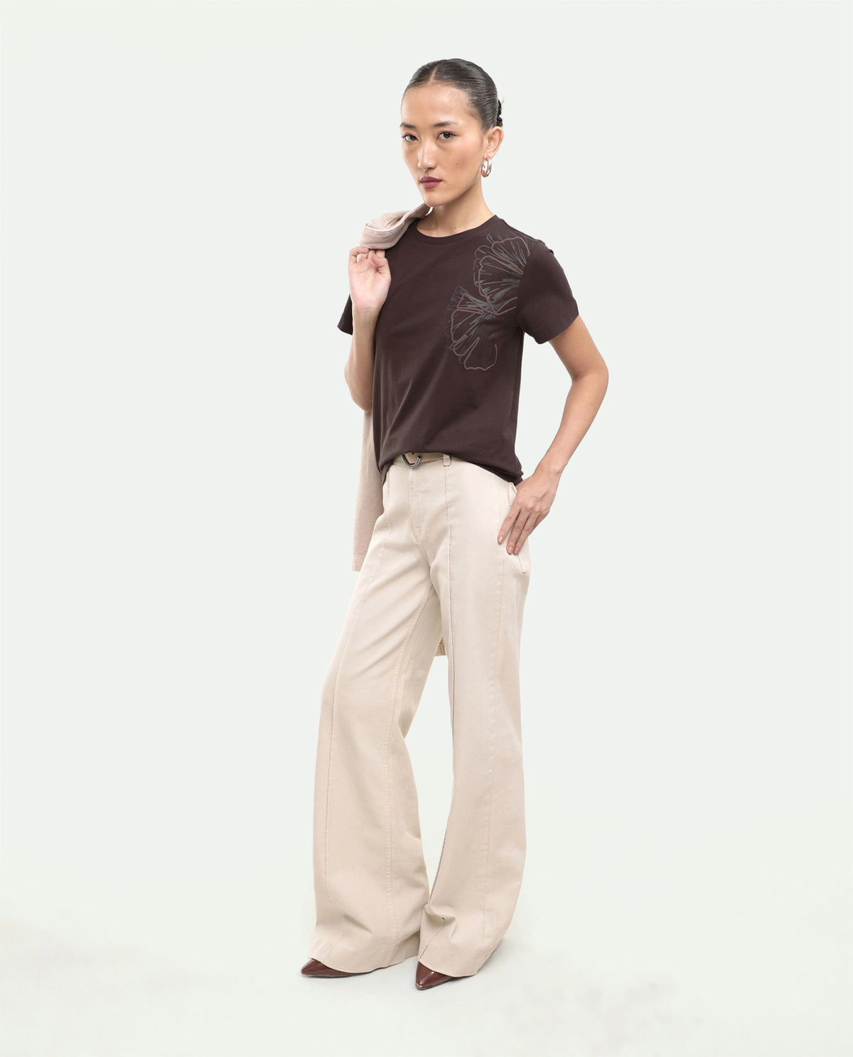 Rareism Women's Puncho Dark Brown Cotton Blend Pull-On Regular Fit Printed T-Shirt