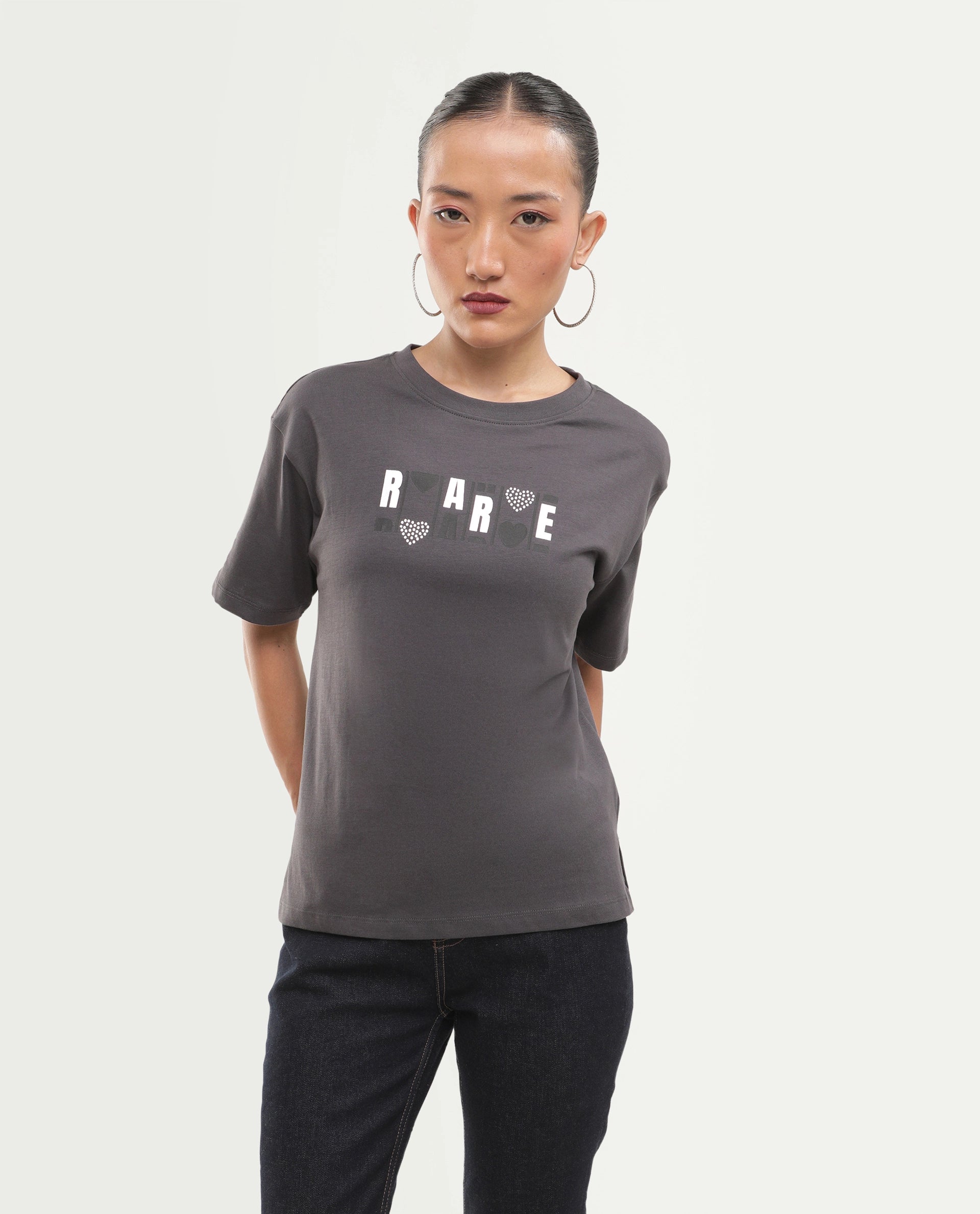 Rareism Women's Pono Dark Grey Cotton Pull-On Relaxed Fit Printed T-Shirt