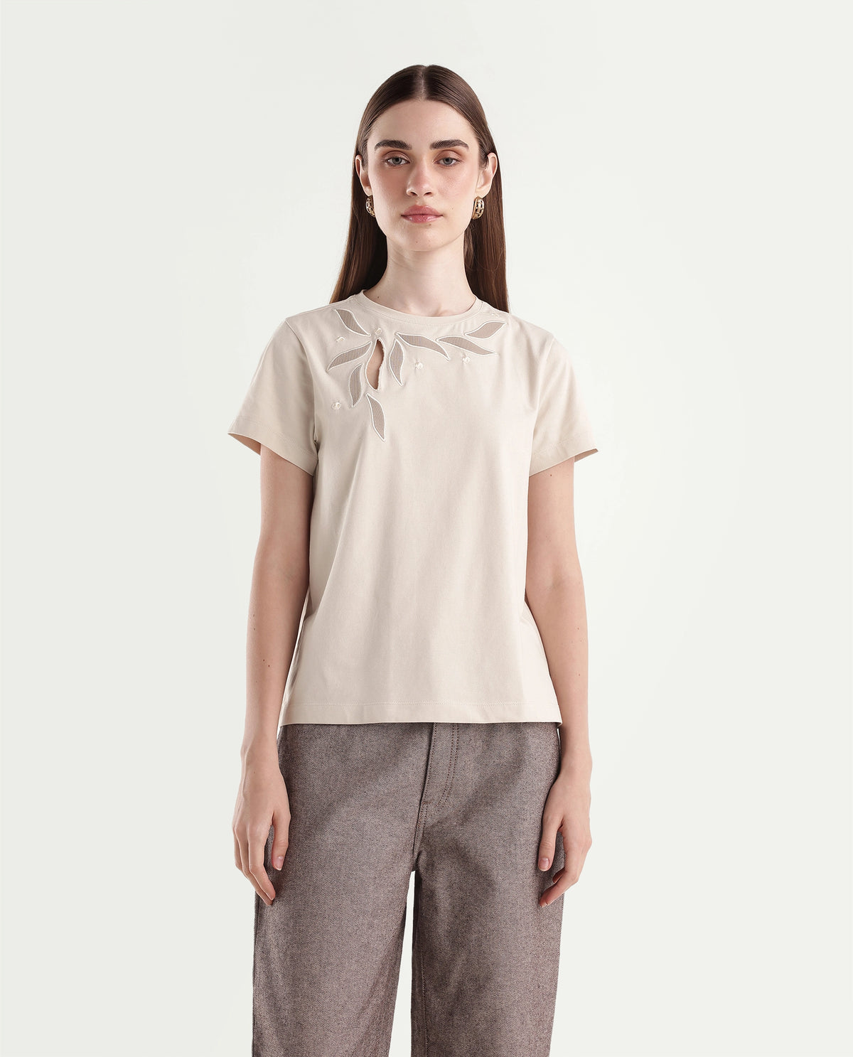 Rareism Women's Pexs Light Beige Cotton Blend Pull-On Regular Fit Printed T-Shirt - image 7