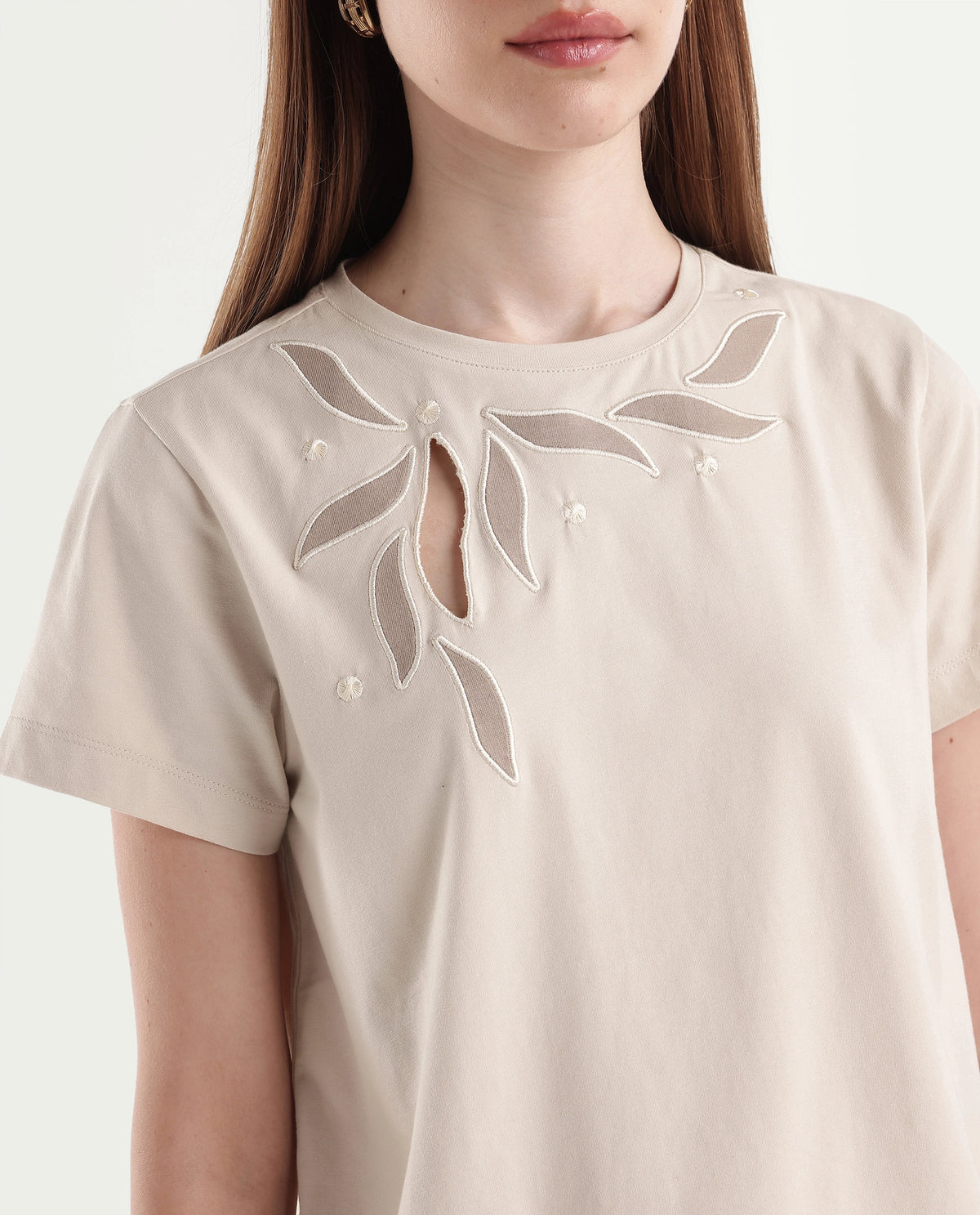 Rareism Women's Pexs Light Beige Cotton Blend Pull-On Regular Fit Printed T-Shirt - image 3