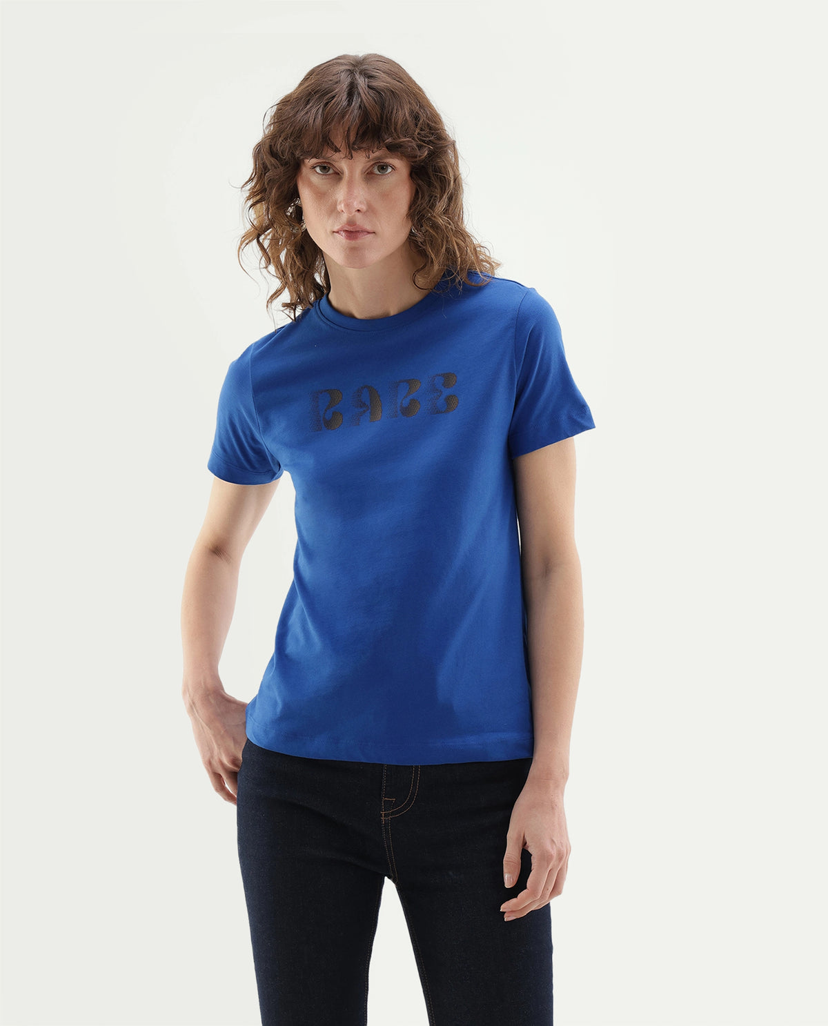 Rareism Women's Pots Dark Blue Cotton Pull-On Regular Fit Typography Print T-Shirt