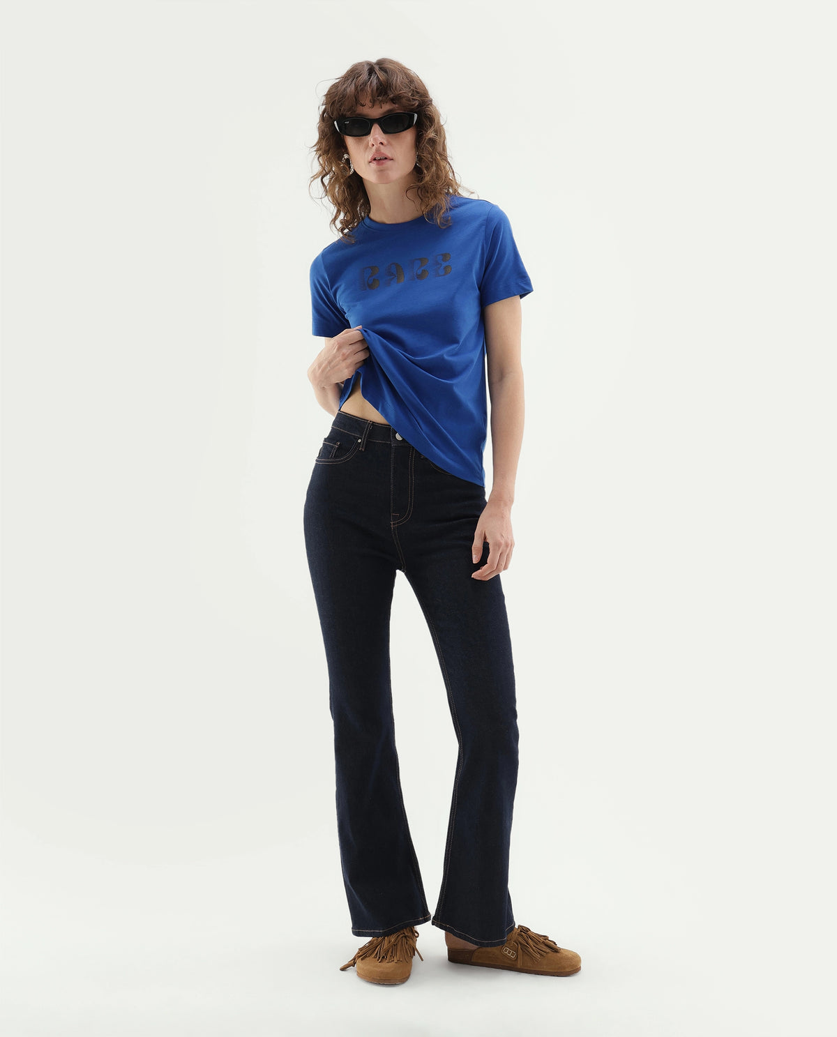 Rareism Women's Pots Dark Blue Cotton Pull-On Regular Fit Typography Print T-Shirt