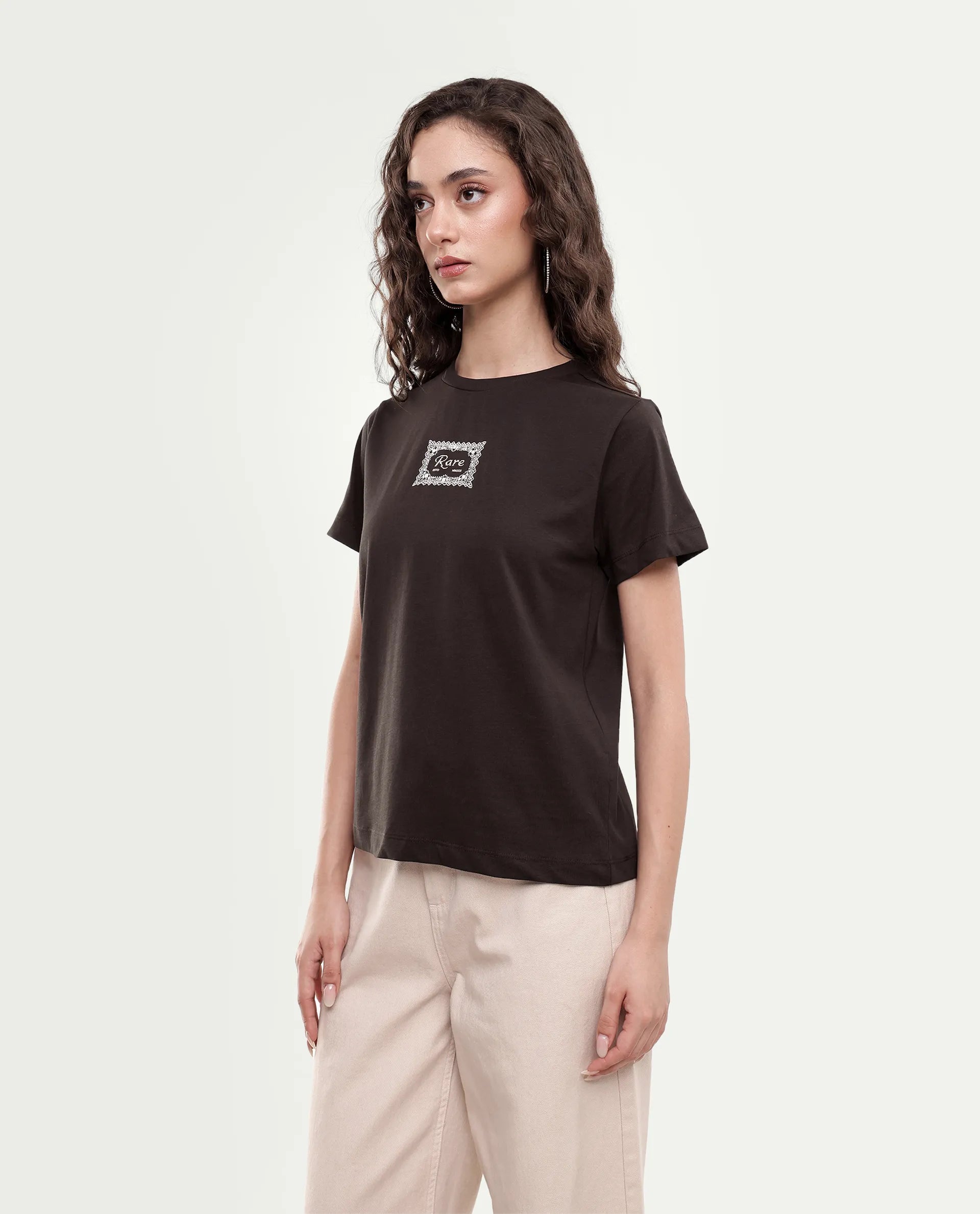 Rareism Women's Pido Dark Brown Cotton Pull-On Regular Fit Hd Print T-Shirt