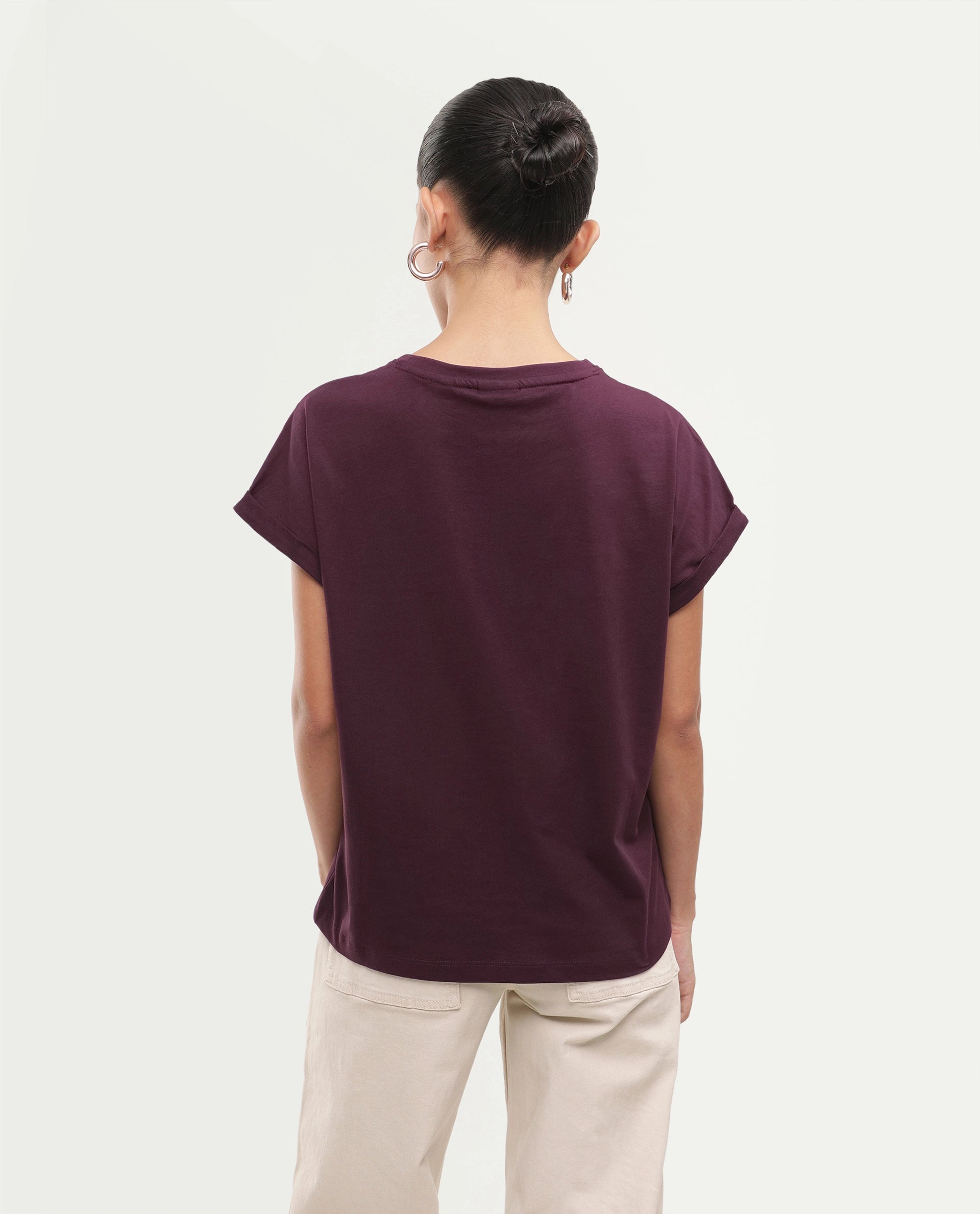 Rareism Women's Pickle Dark Maroon Cotton Pull-On Regular Fit Printed T-Shirt