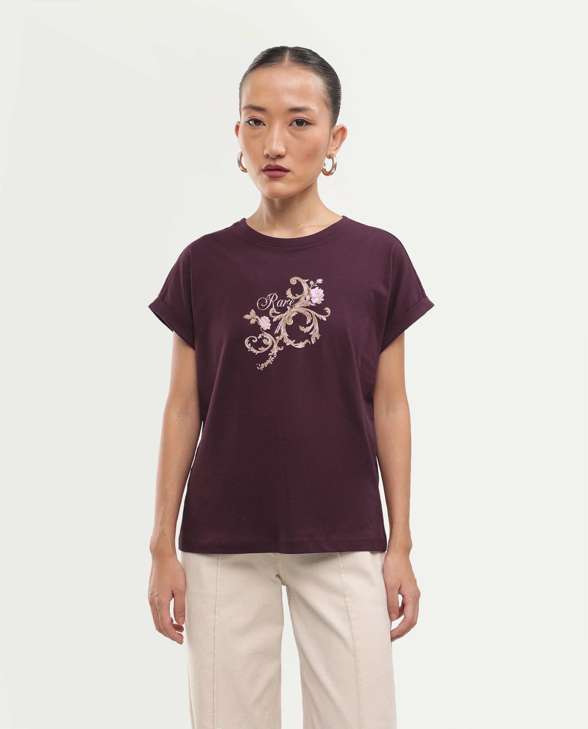 Rareism Women's Pickle Dark Maroon Cotton Pull-On Regular Fit Printed T-Shirt