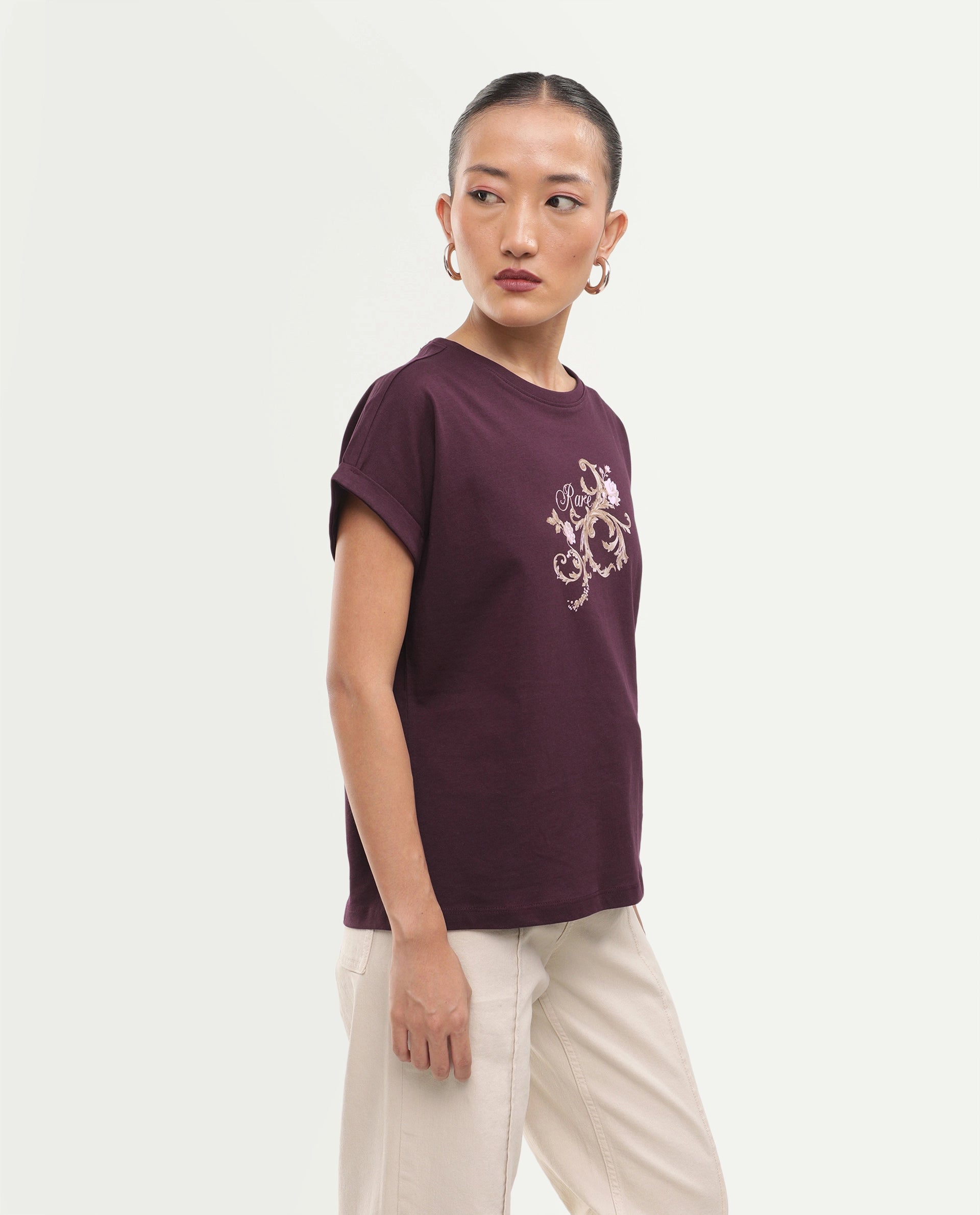 Rareism Women's Pickle Dark Maroon Cotton Pull-On Regular Fit Printed T-Shirt