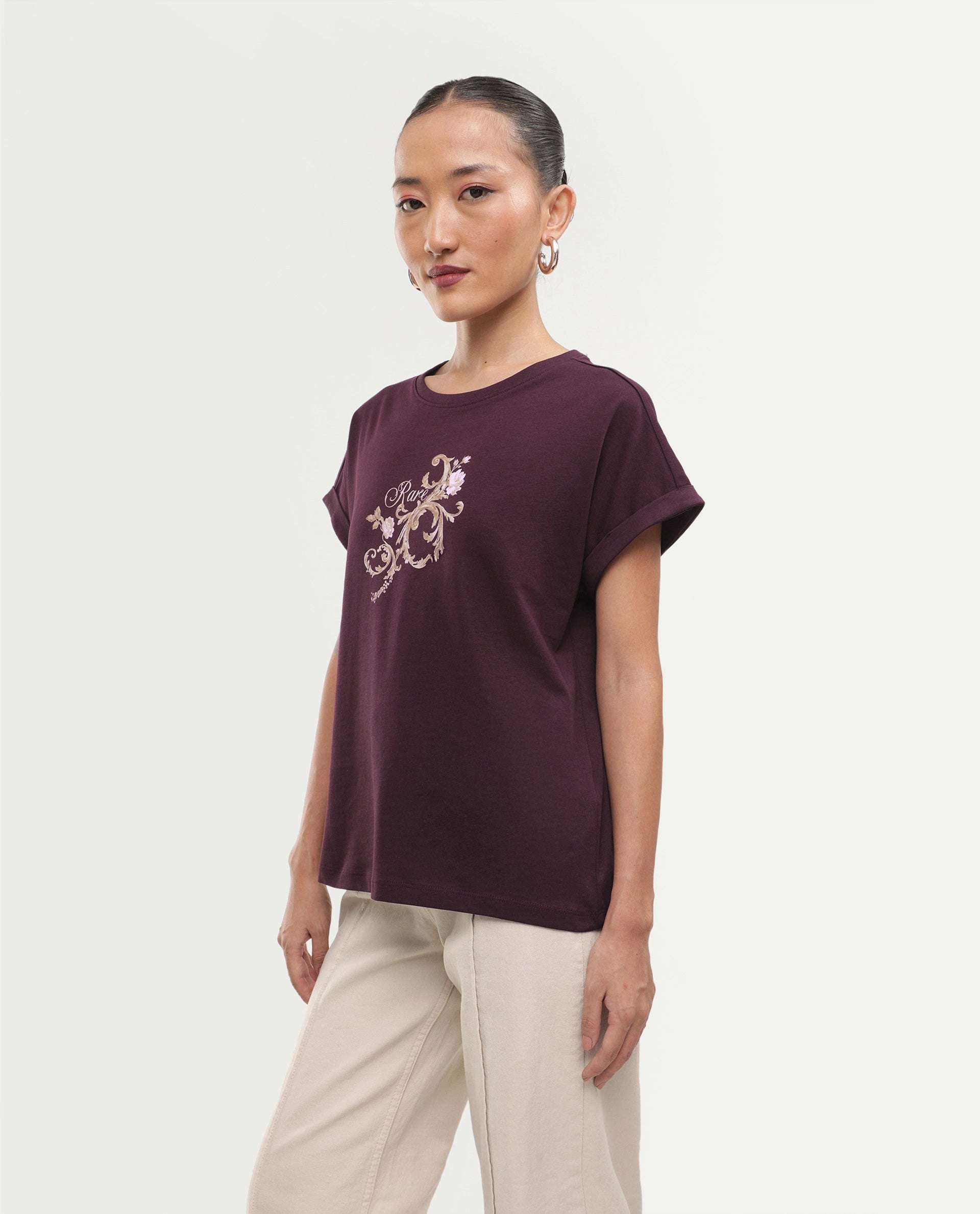 Rareism Women's Pickle Dark Maroon Cotton Pull-On Regular Fit Printed T-Shirt