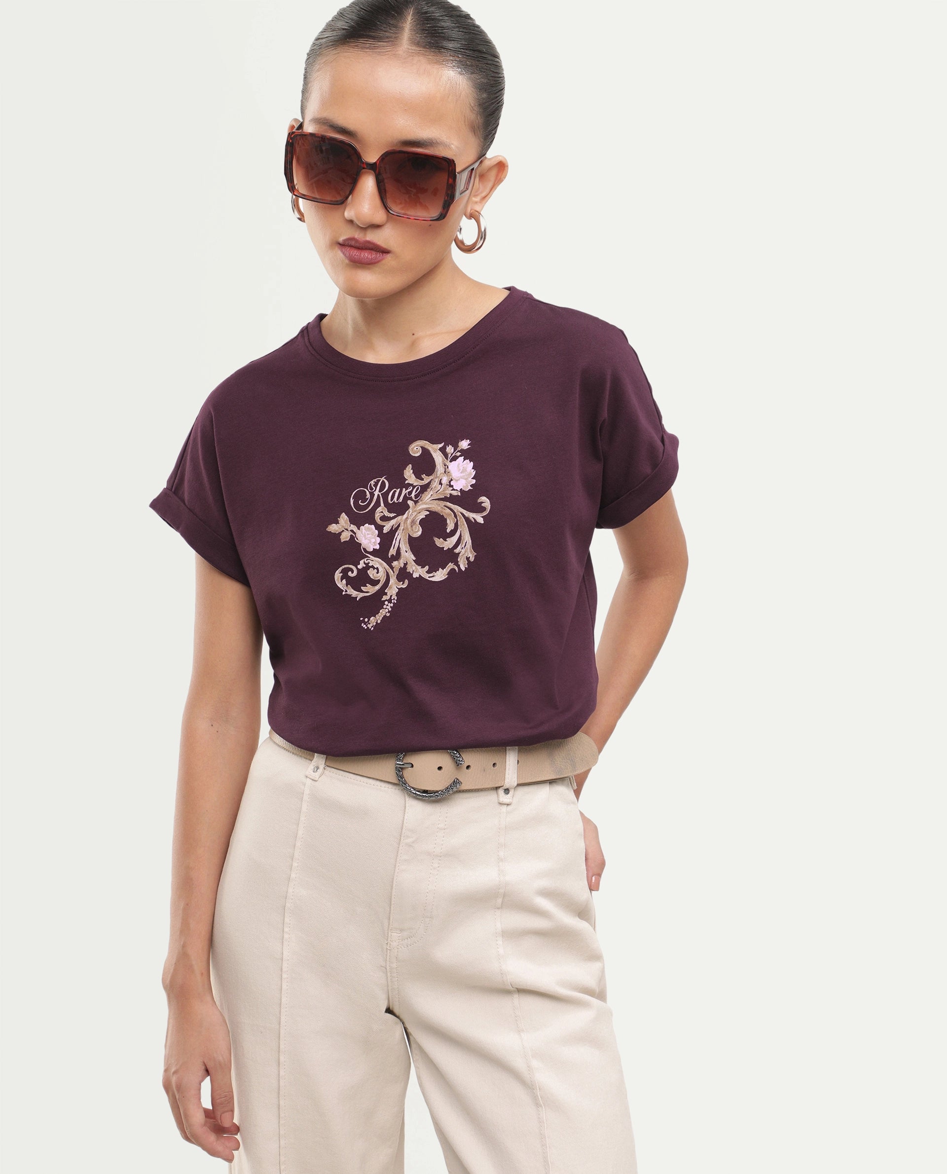Rareism Women's Pickle Dark Maroon Cotton Pull-On Regular Fit Printed T-Shirt