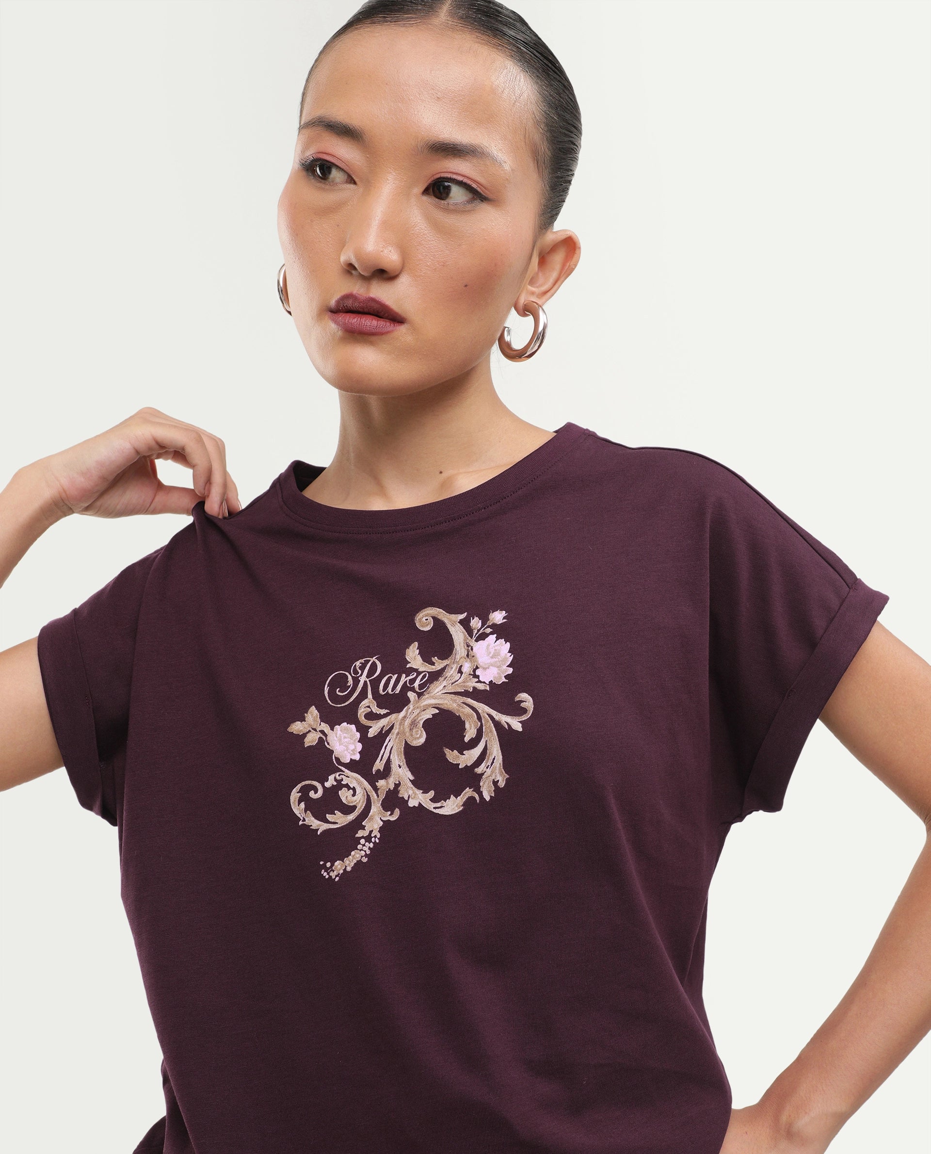 Rareism Women's Pickle Dark Maroon Cotton Pull-On Regular Fit Printed T-Shirt
