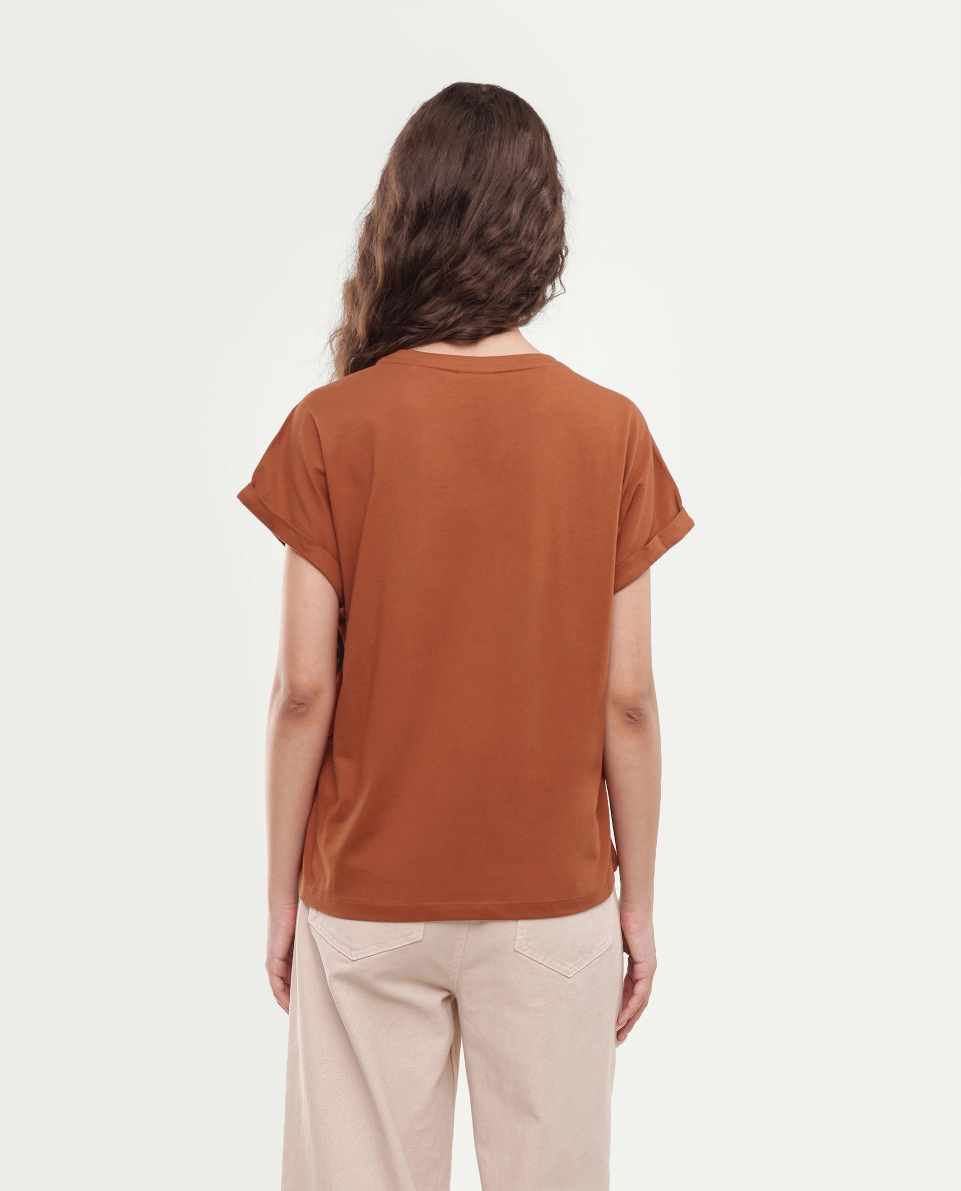 Rareism Women's Paximo Rust Cotton Pull-On Regular Fit Hd Print T-Shirt