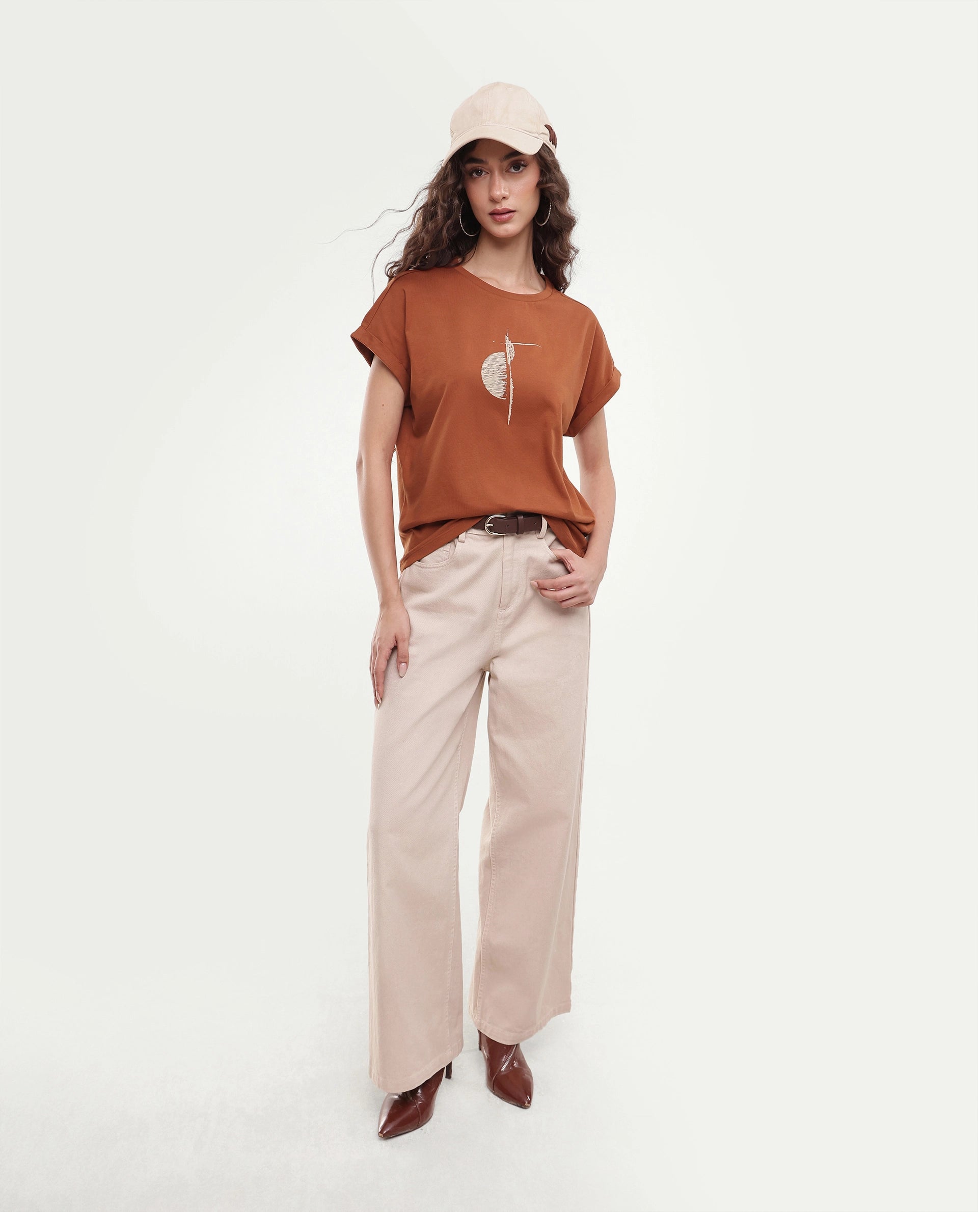 Rareism Women's Paximo Rust Cotton Pull-On Regular Fit Hd Print T-Shirt