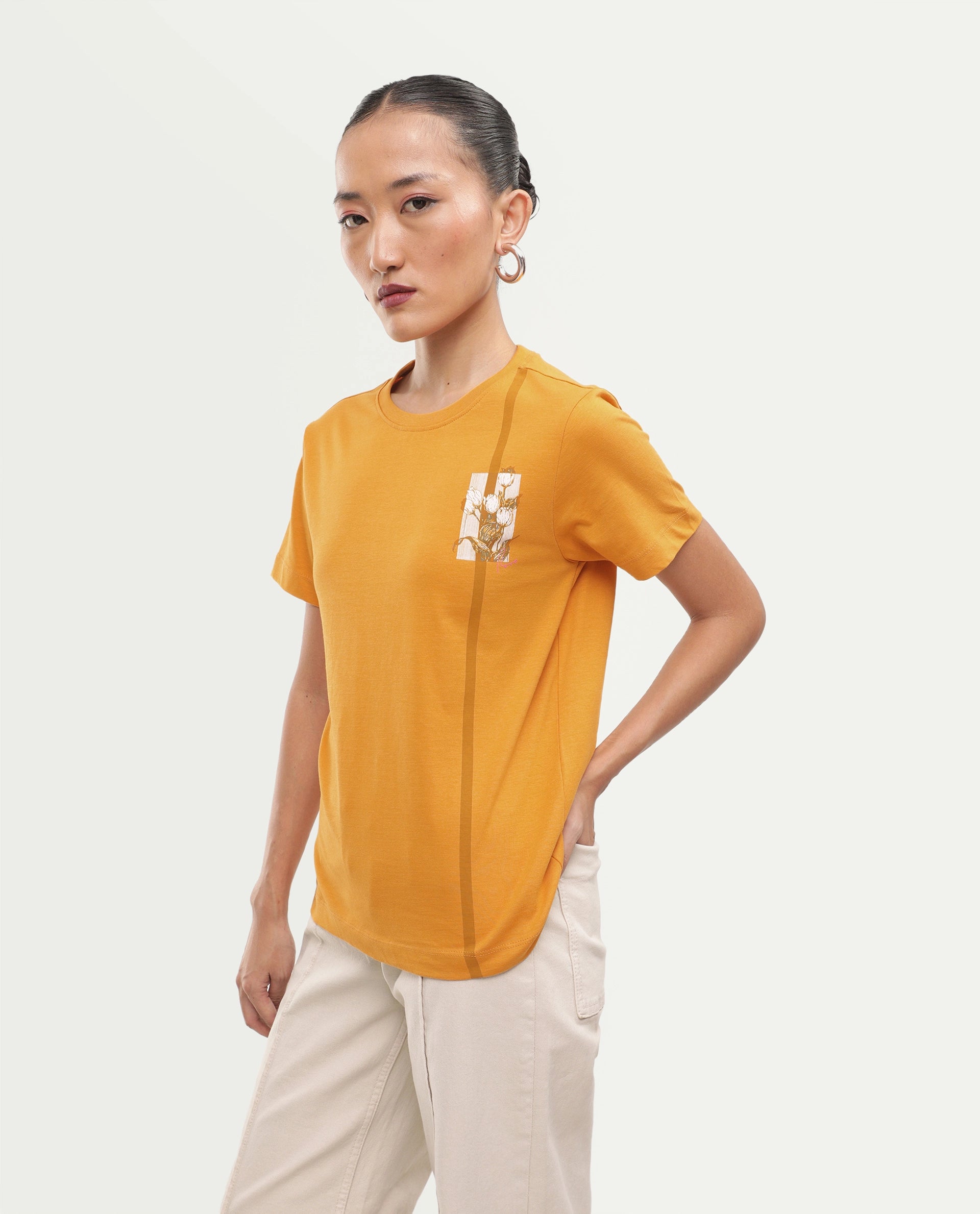 Rareism Women's Printzo Dark Yellow Cotton Pull-On Regular Fit Printed T-Shirt