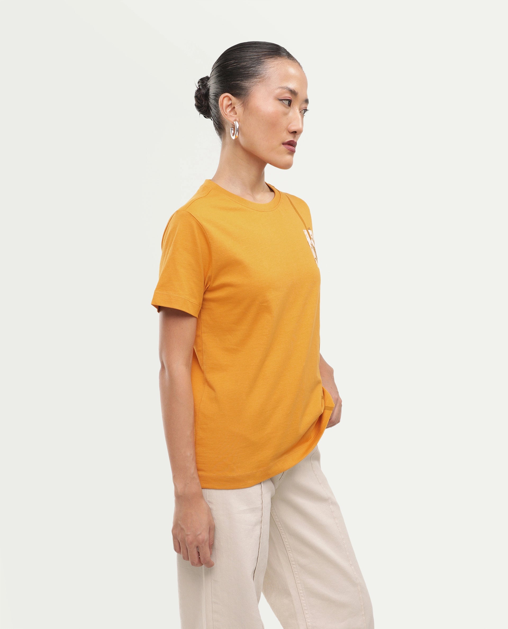 Rareism Women's Printzo Dark Yellow Cotton Pull-On Regular Fit Printed T-Shirt