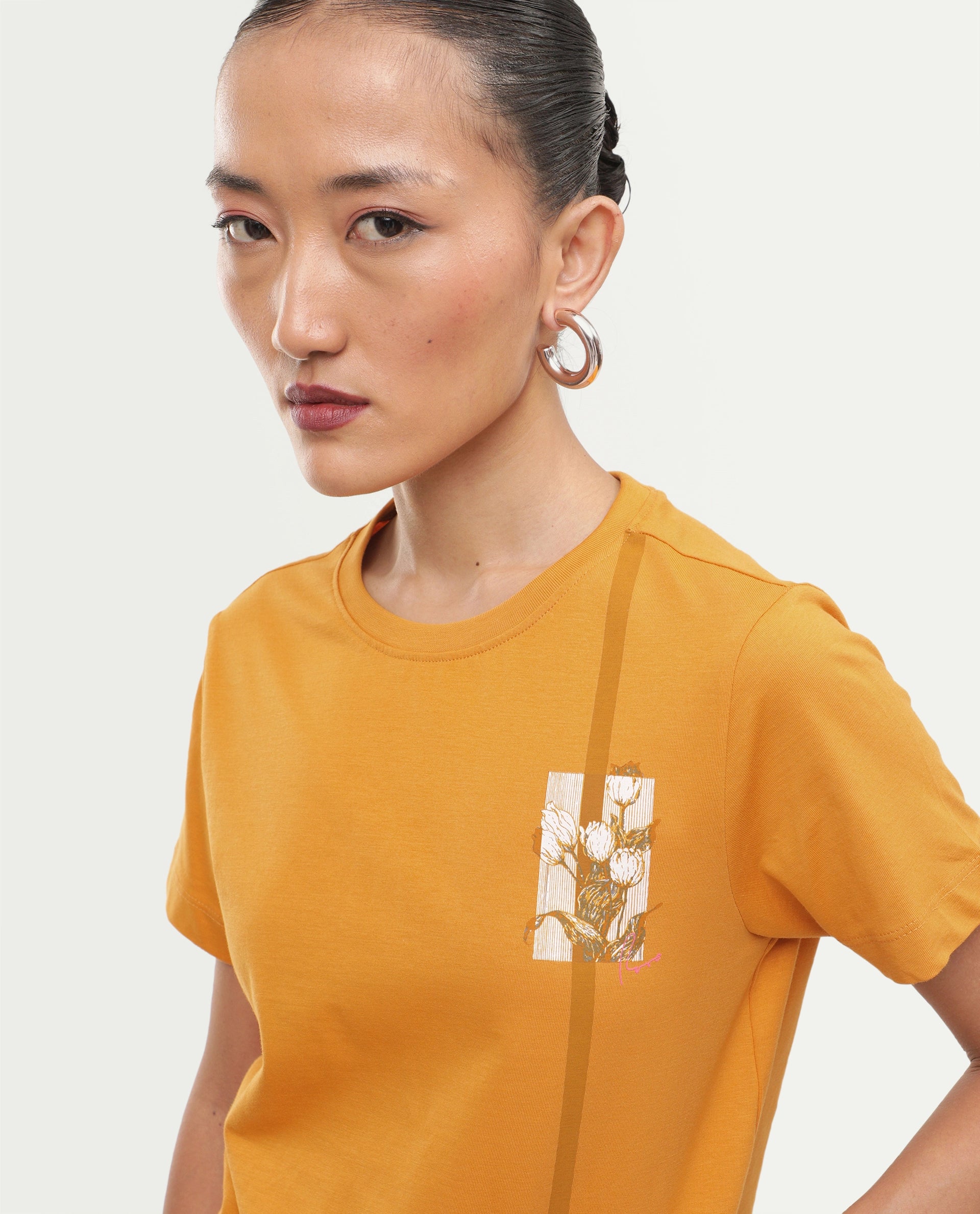 Rareism Women's Printzo Dark Yellow Cotton Pull-On Regular Fit Printed T-Shirt