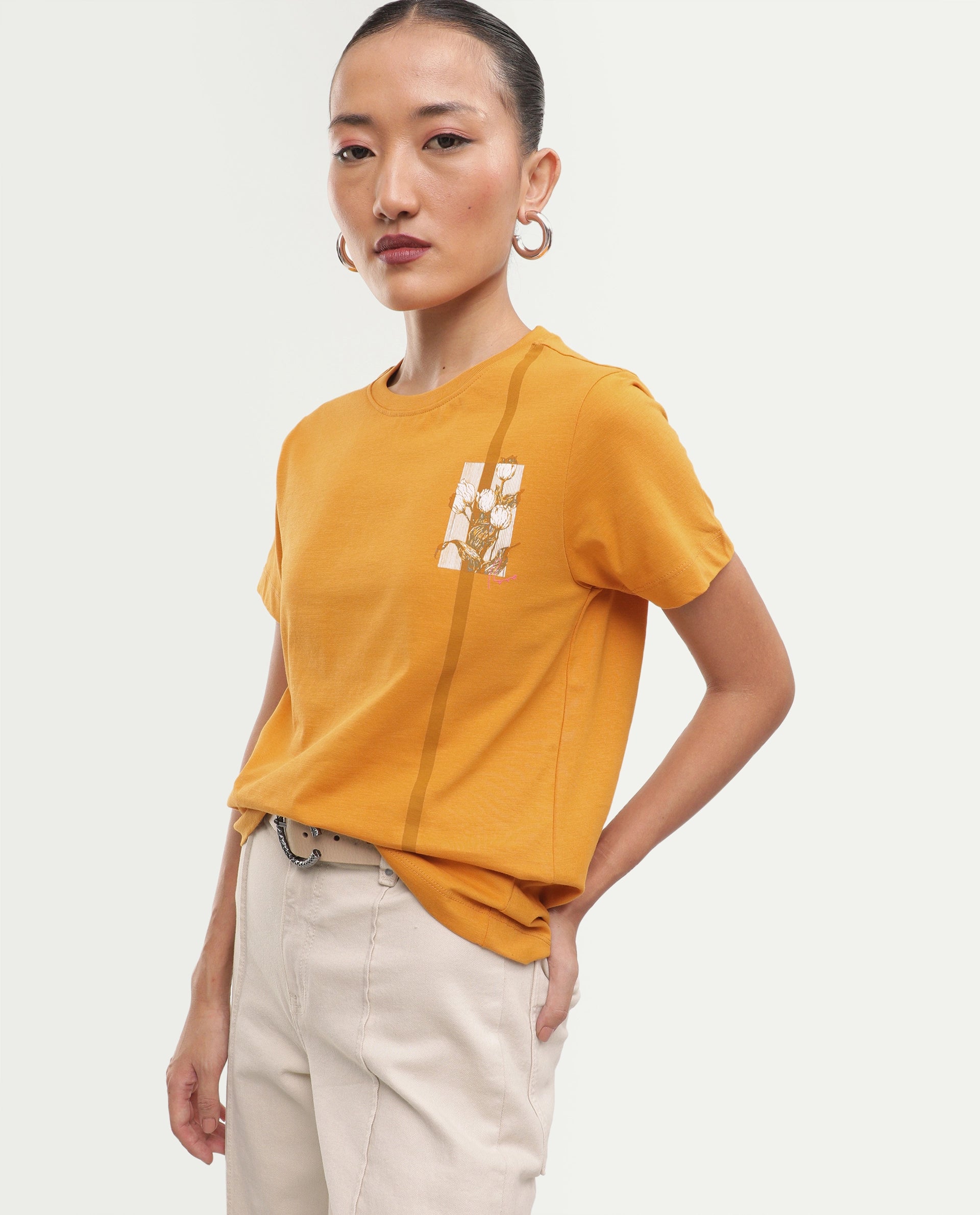 Rareism Women's Printzo Dark Yellow Cotton Pull-On Regular Fit Printed T-Shirt