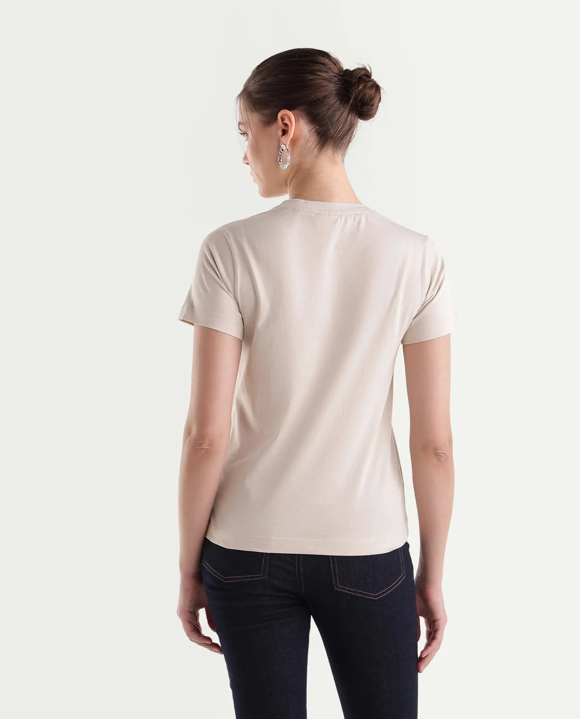 Rareism Women's Powl Light Beige Cotton Pull-On Regular Fit Floral Print T-Shirt