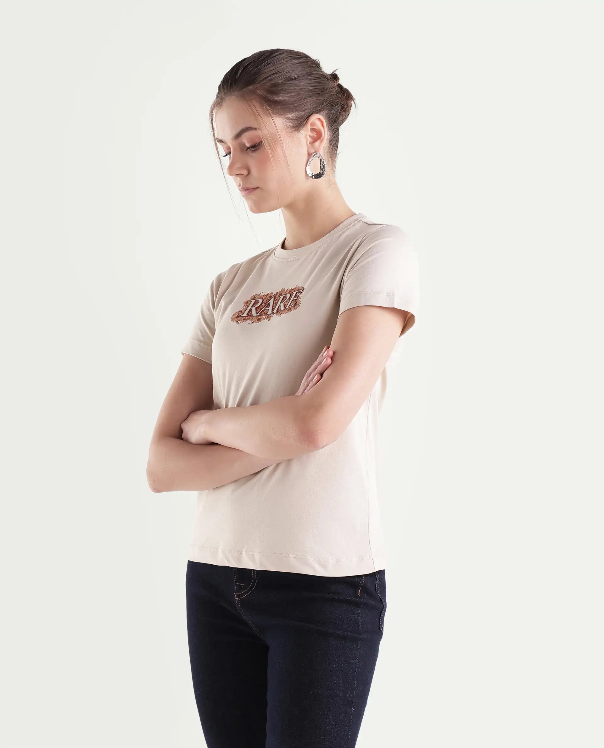 Rareism Women's Powl Light Beige Cotton Pull-On Regular Fit Floral Print T-Shirt