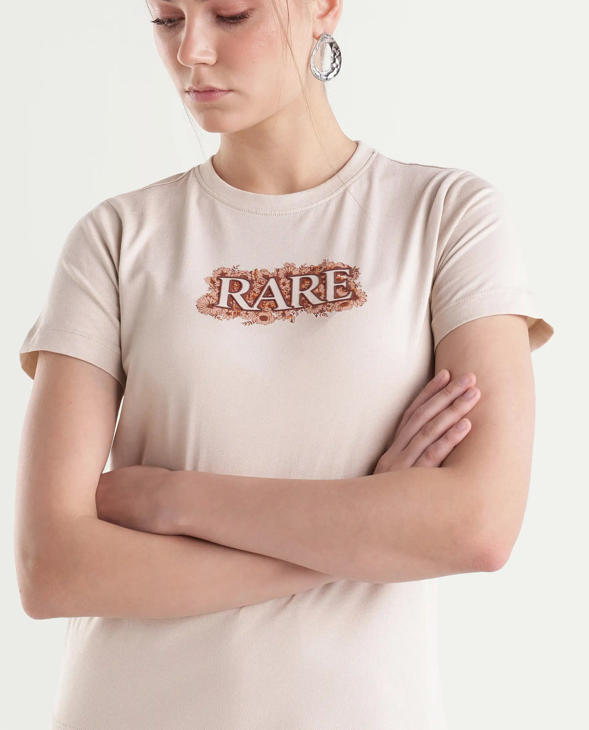 Rareism Women's Powl Light Beige Cotton Pull-On Regular Fit Floral Print T-Shirt