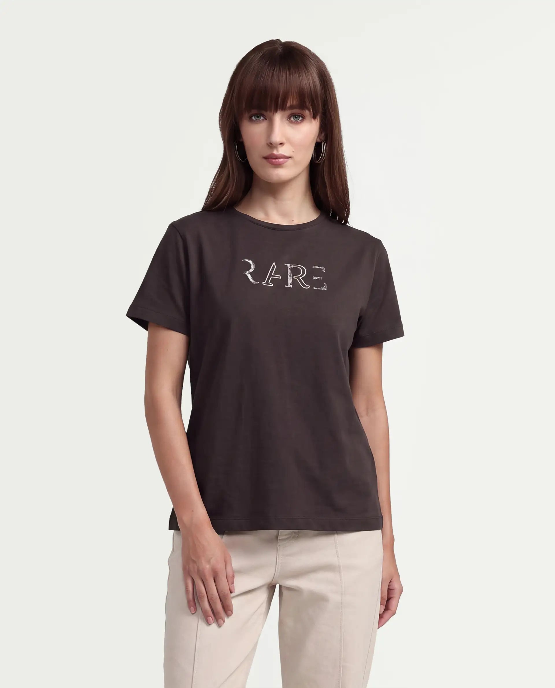 Rareism Women's Peatl Dark Brown Cotton Blend Pull-On Regular Fit Typography Print T-Shirt