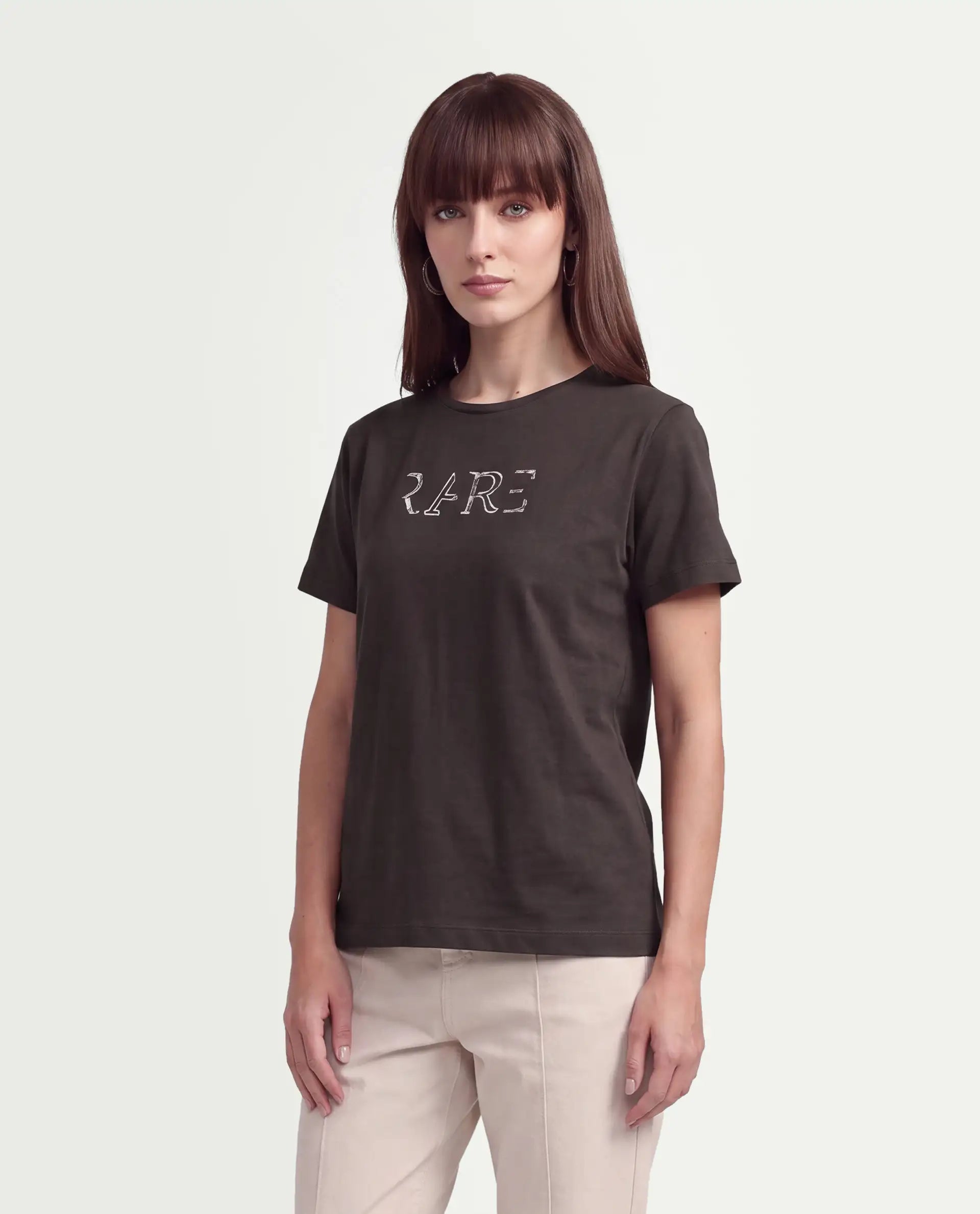 Rareism Women's Peatl Dark Brown Cotton Blend Pull-On Regular Fit Typography Print T-Shirt