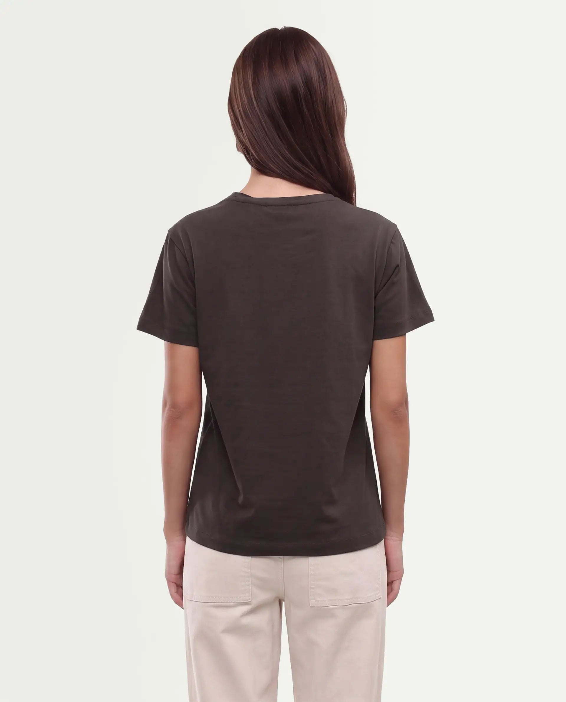 Rareism Women's Peatl Dark Brown Cotton Blend Pull-On Regular Fit Typography Print T-Shirt