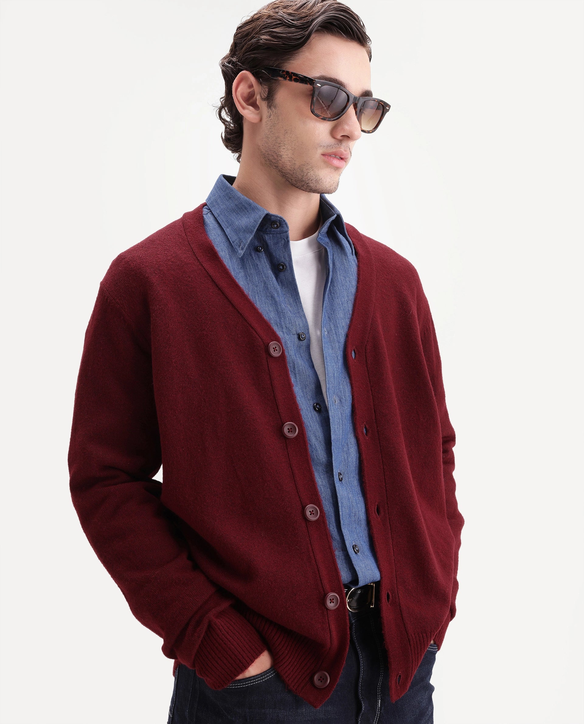 Rare Rabbit Men's Card Dark Red Acrylic Blend Button Regular Fit Plain Sweater