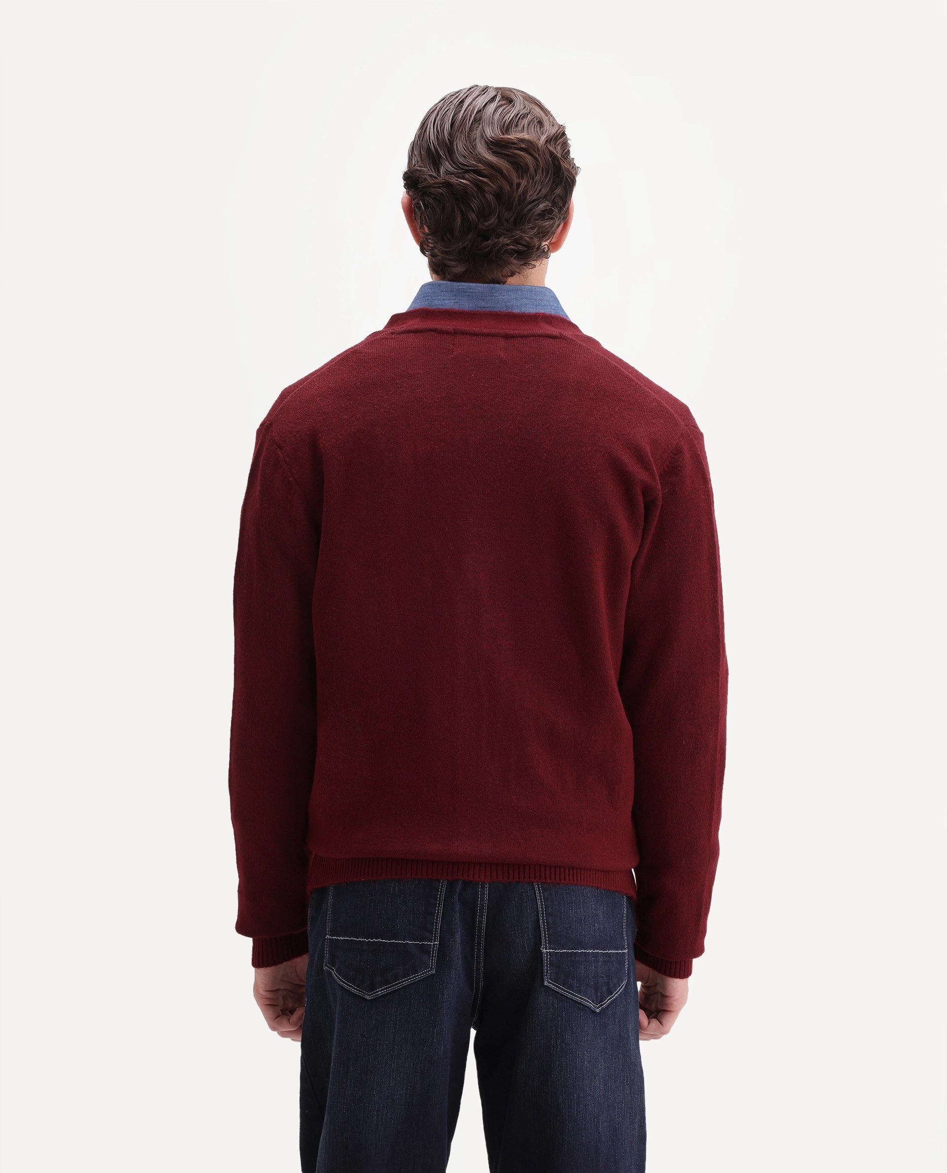 Rare Rabbit Men's Card Dark Red Acrylic Blend Button Regular Fit Plain Sweater