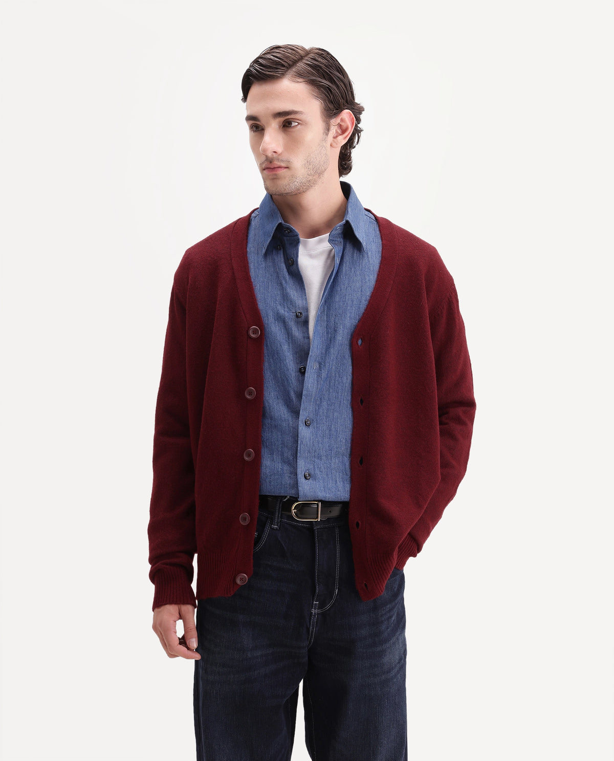 Rare Rabbit Men's Card Dark Red Acrylic Blend Button Regular Fit Plain Sweater