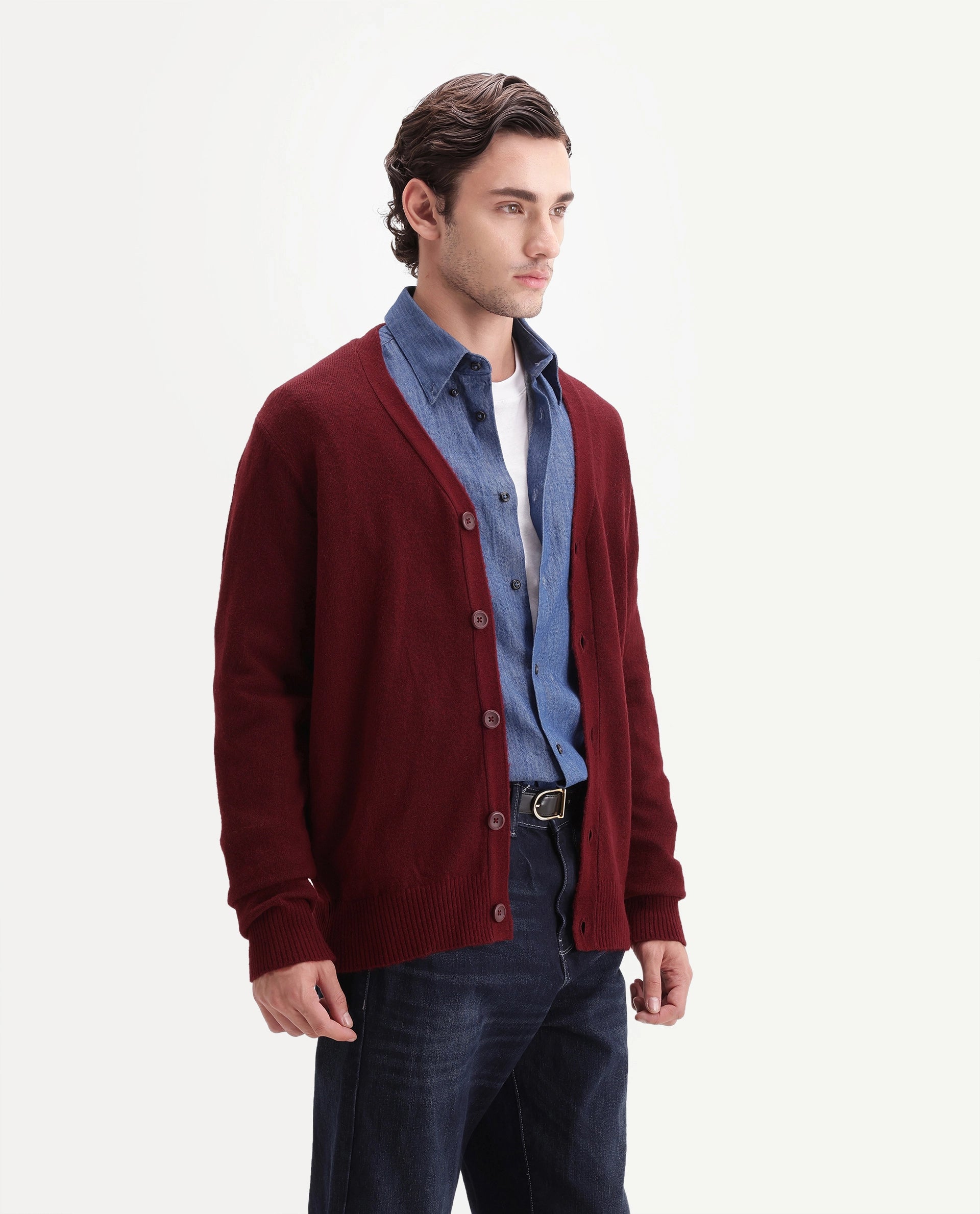 Rare Rabbit Men's Card Dark Red Acrylic Blend Button Regular Fit Plain Sweater