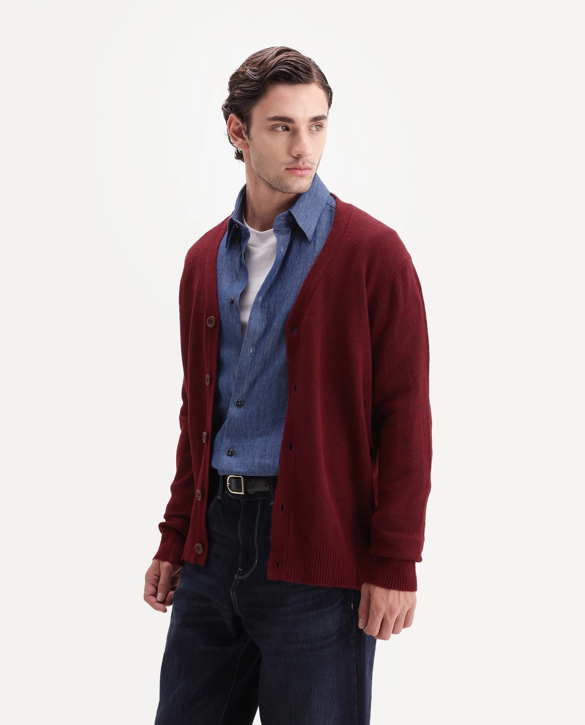 Rare Rabbit Men's Card Dark Red Acrylic Blend Button Regular Fit Plain Sweater