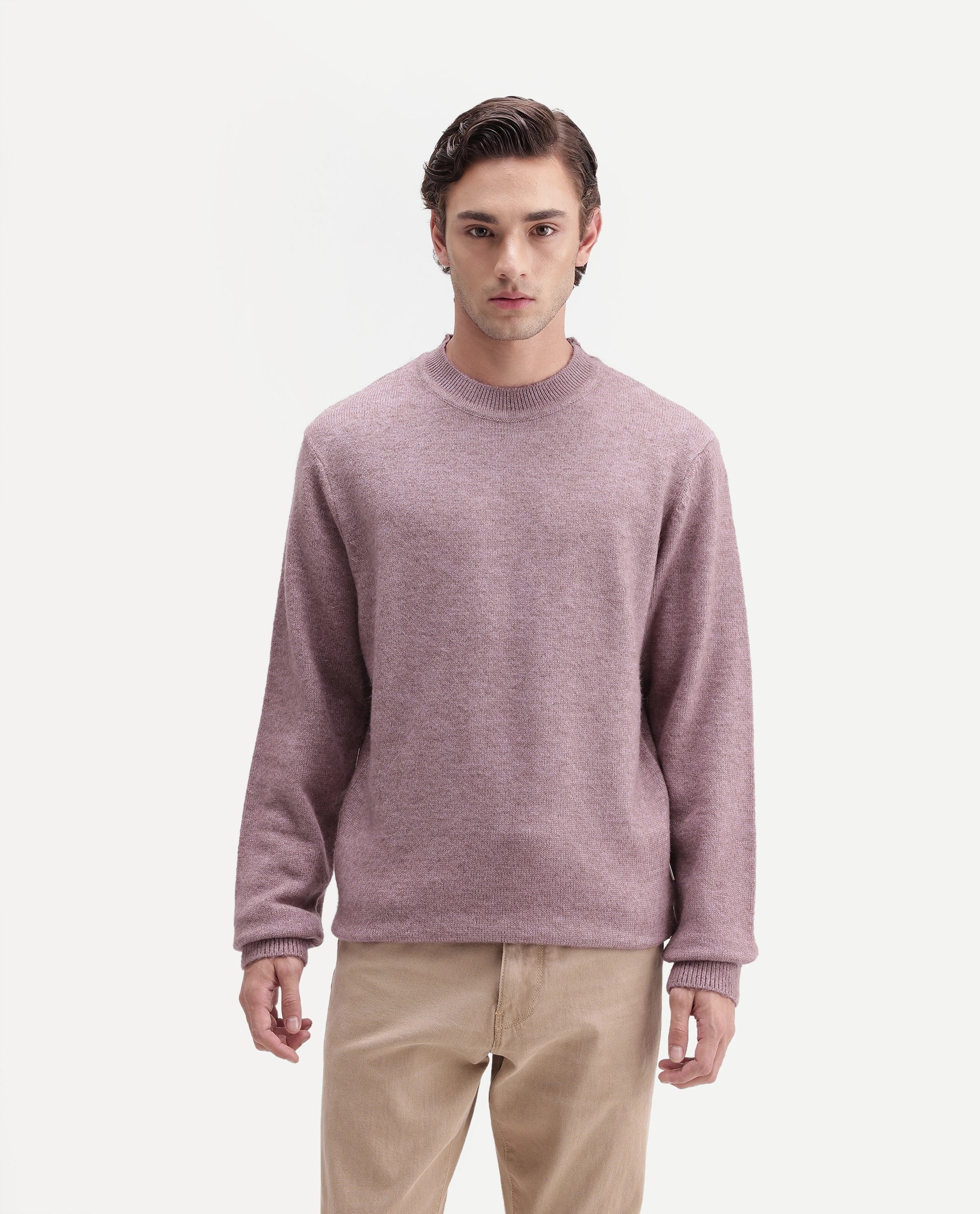 Rare Rabbit Men's Manny Dusky Pink Acrylic Blend Regular Fit Plain Sweater