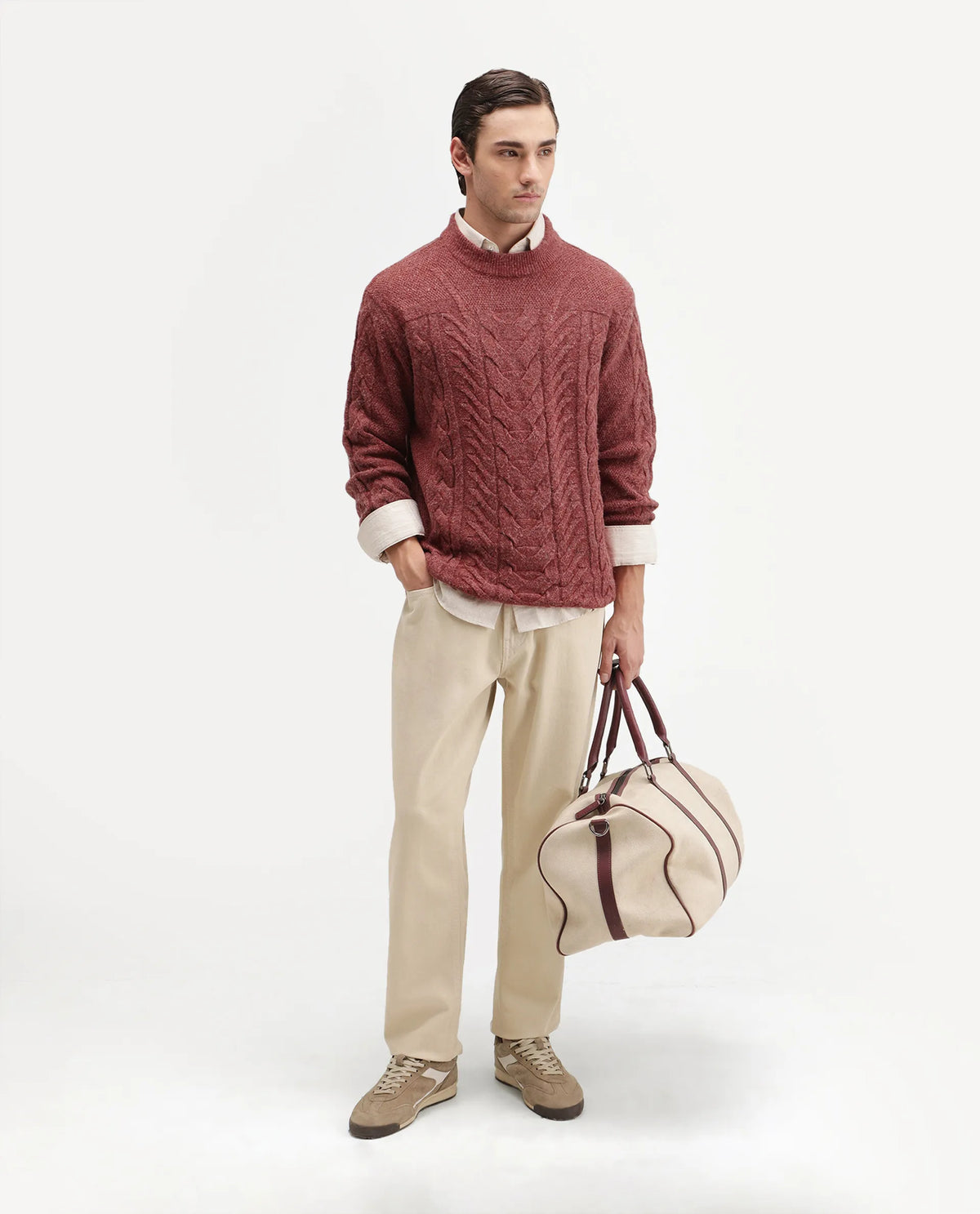Rare Rabbit Men's Harry Dusky Red Acrylic Blend Pull-On Regular Fit Textured Sweater