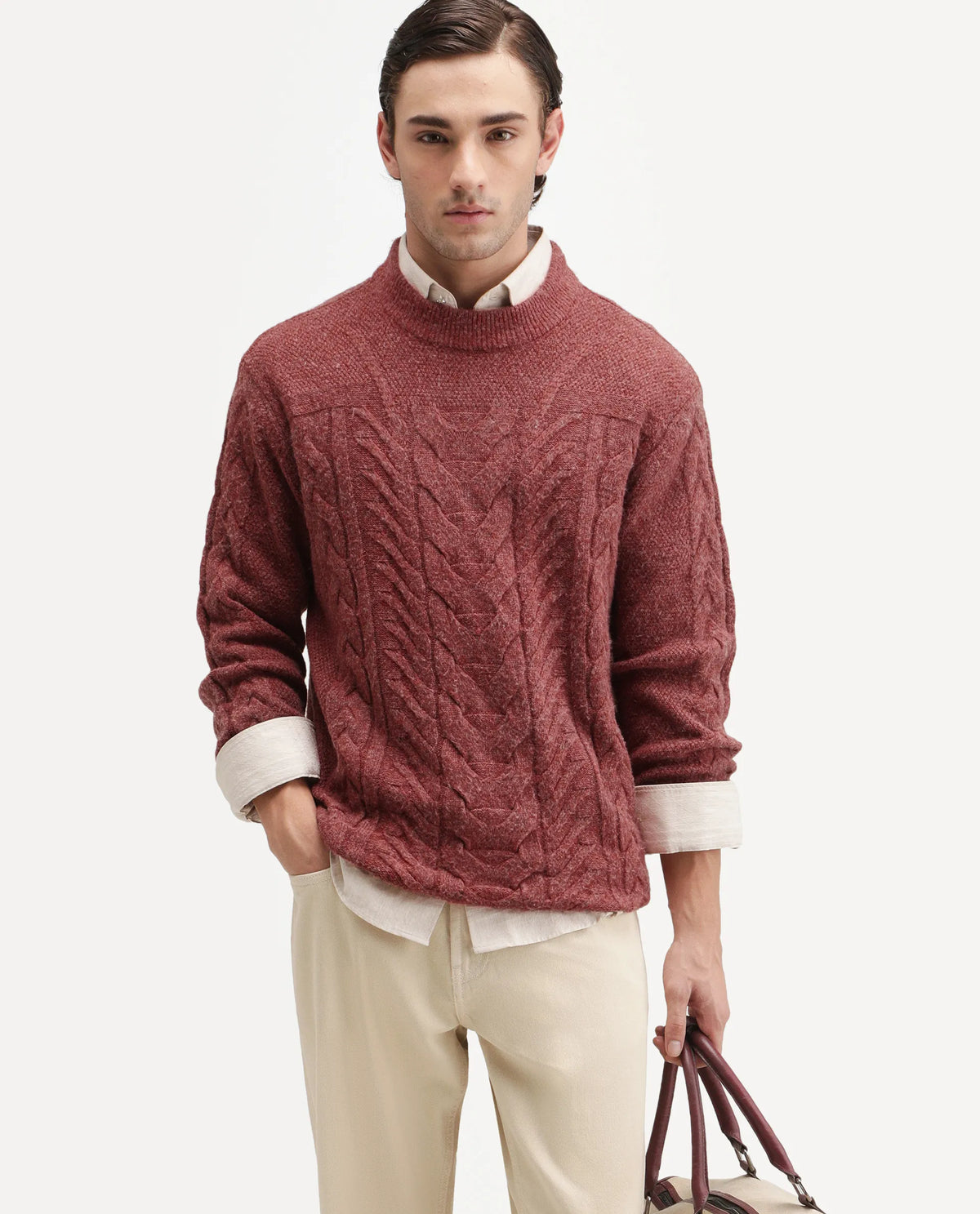 Rare Rabbit Men's Harry Dusky Red Acrylic Blend Pull-On Regular Fit Textured Sweater