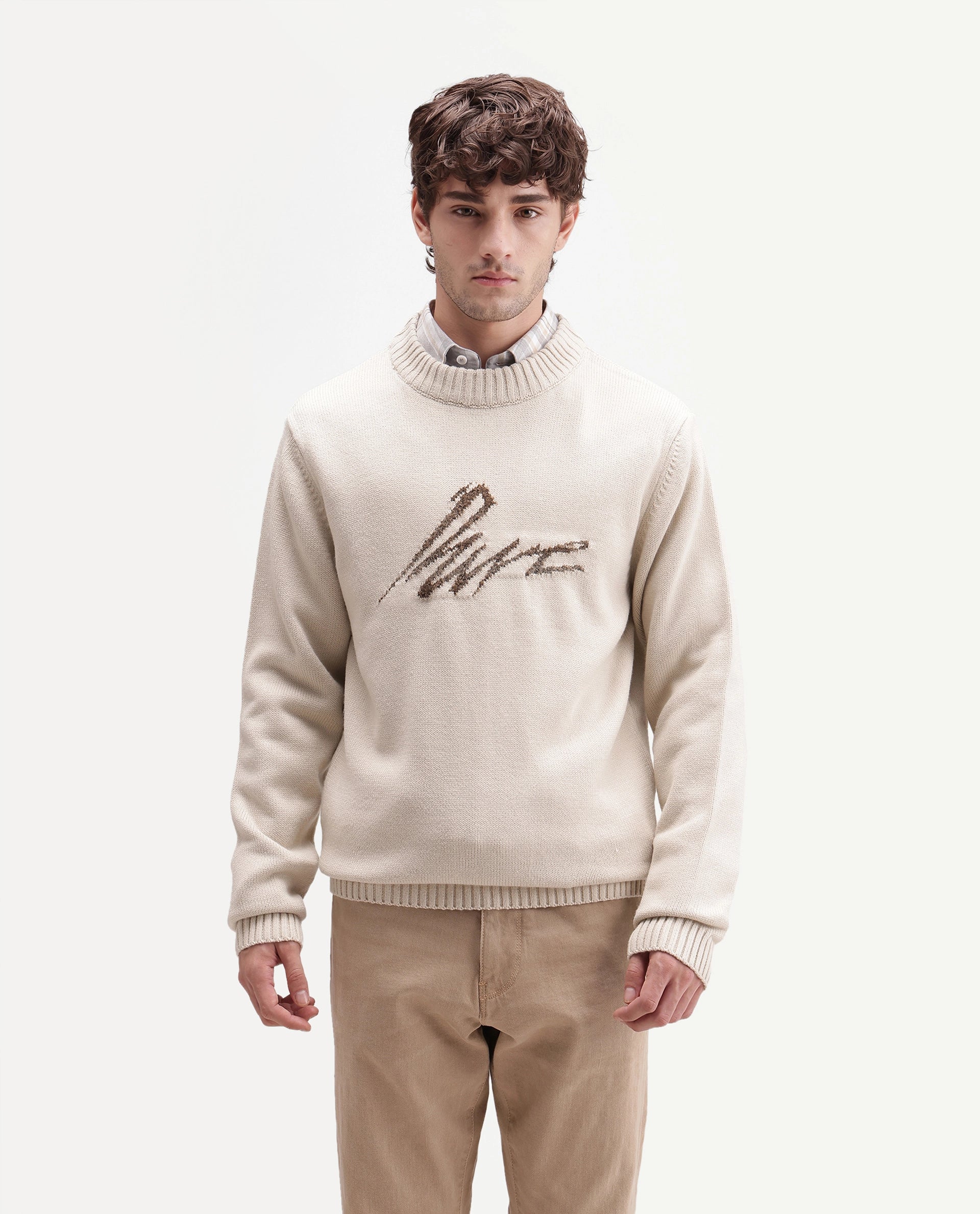 Rare Rabbit Men's Drok Off White Acrylic Regular Fit Acrylic Sweater