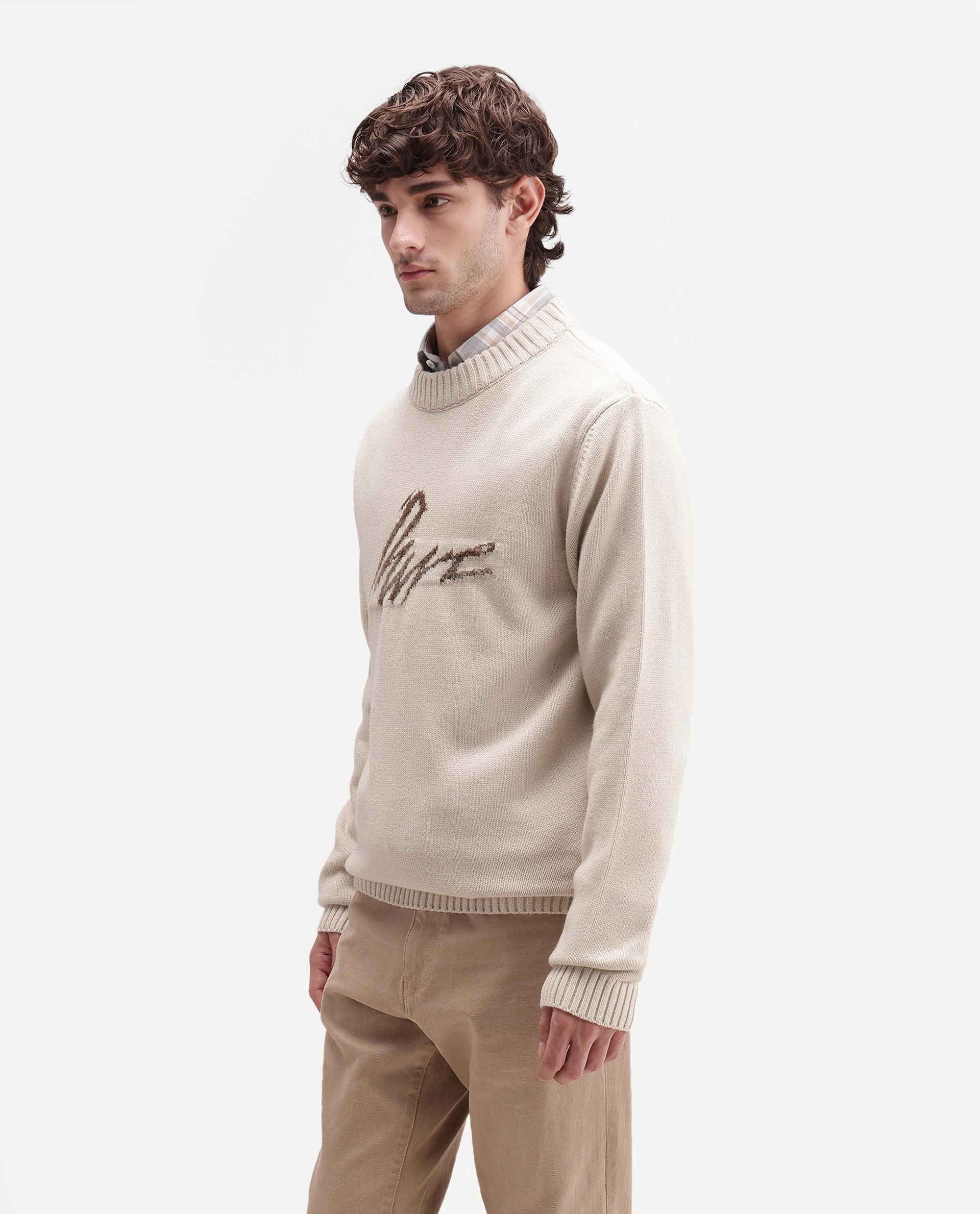 Rare Rabbit Men's Drok Off White Acrylic Regular Fit Acrylic Sweater