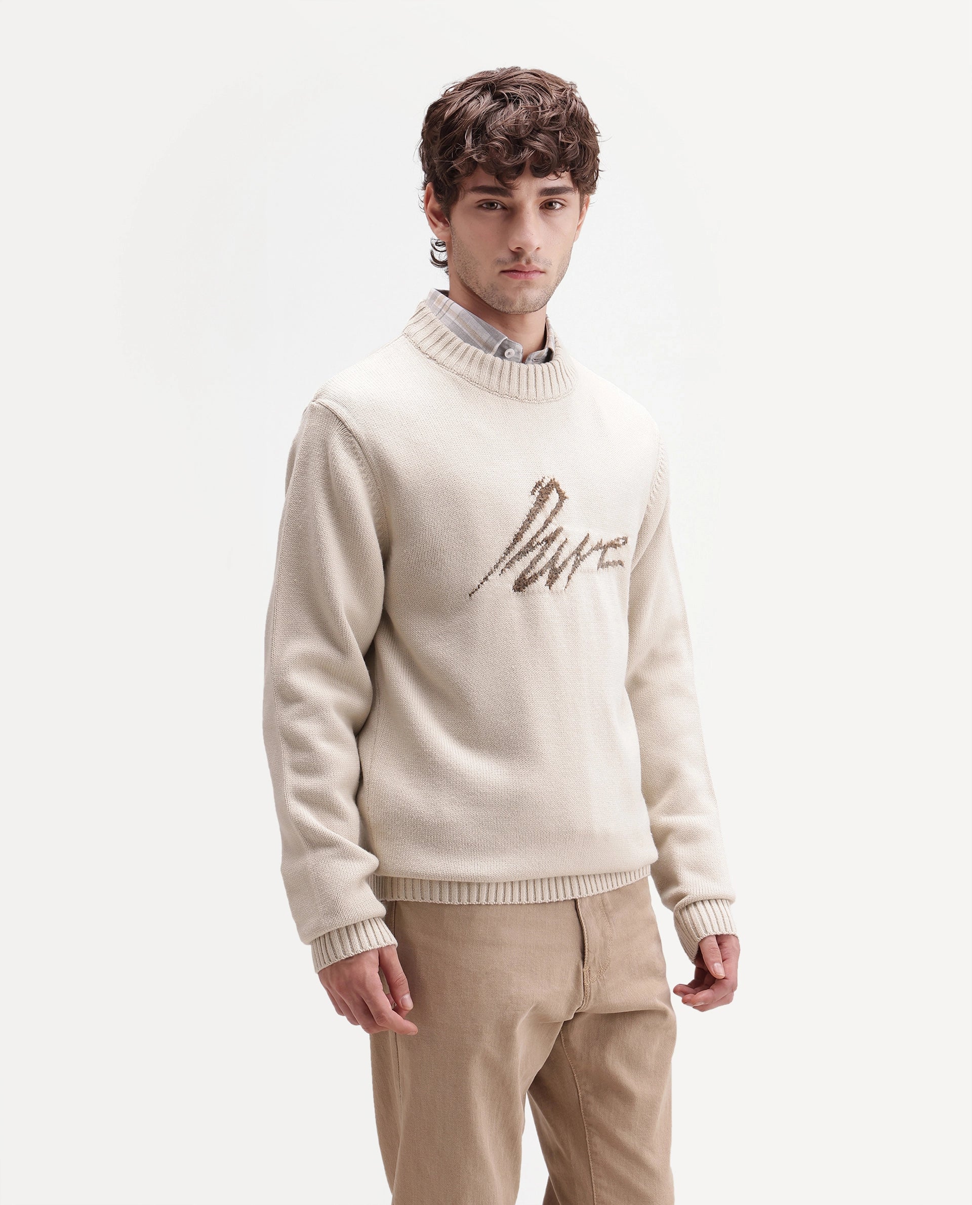 Rare Rabbit Men's Drok Off White Acrylic Regular Fit Acrylic Sweater