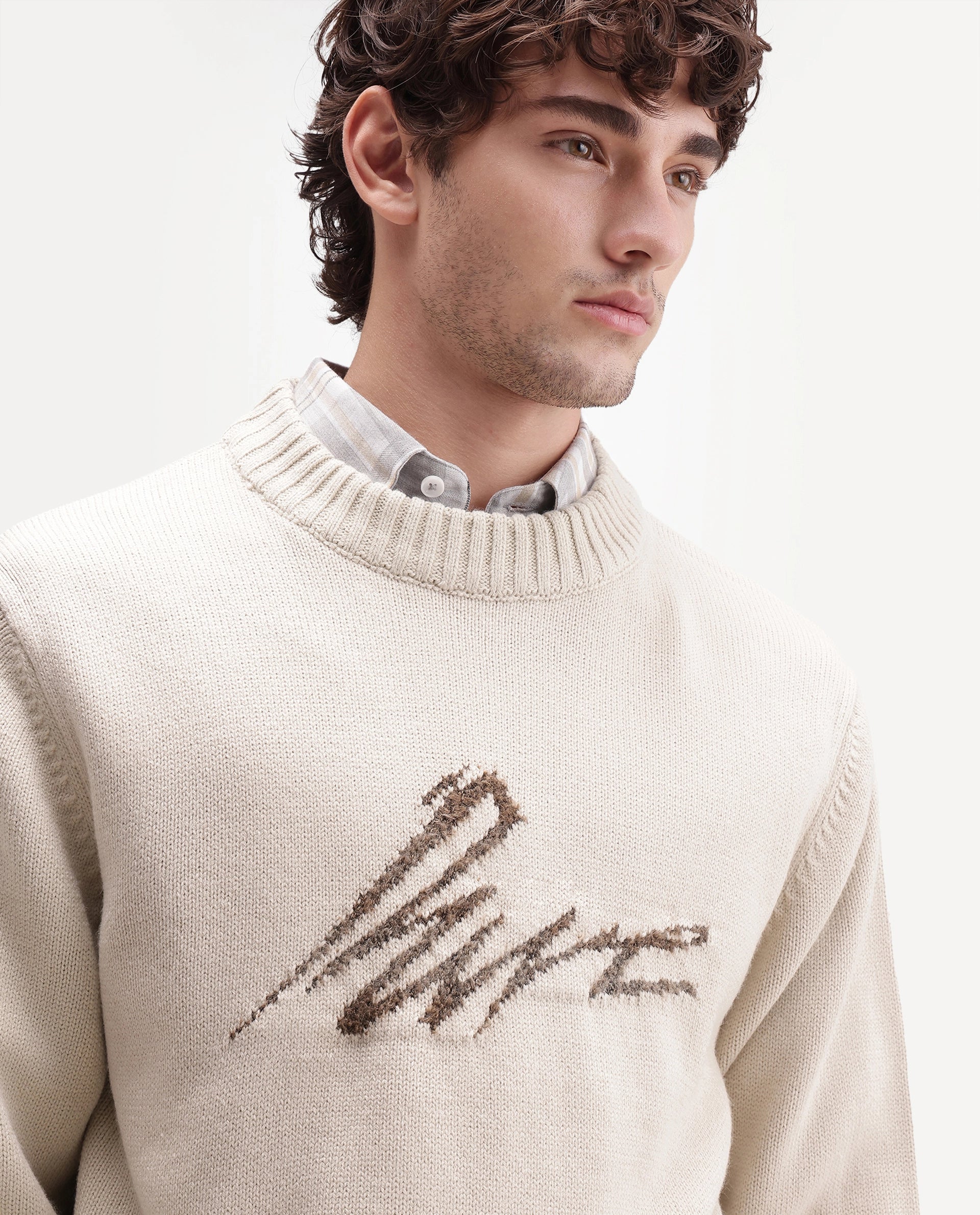 Rare Rabbit Men's Drok Off White Acrylic Regular Fit Acrylic Sweater