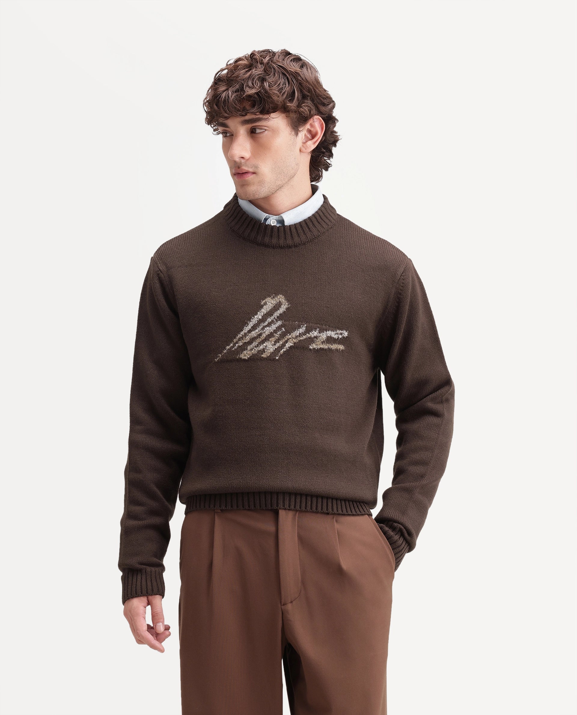 Rare Rabbit Men's Drok Brown Acrylic Regular Fit Acrylic Sweater