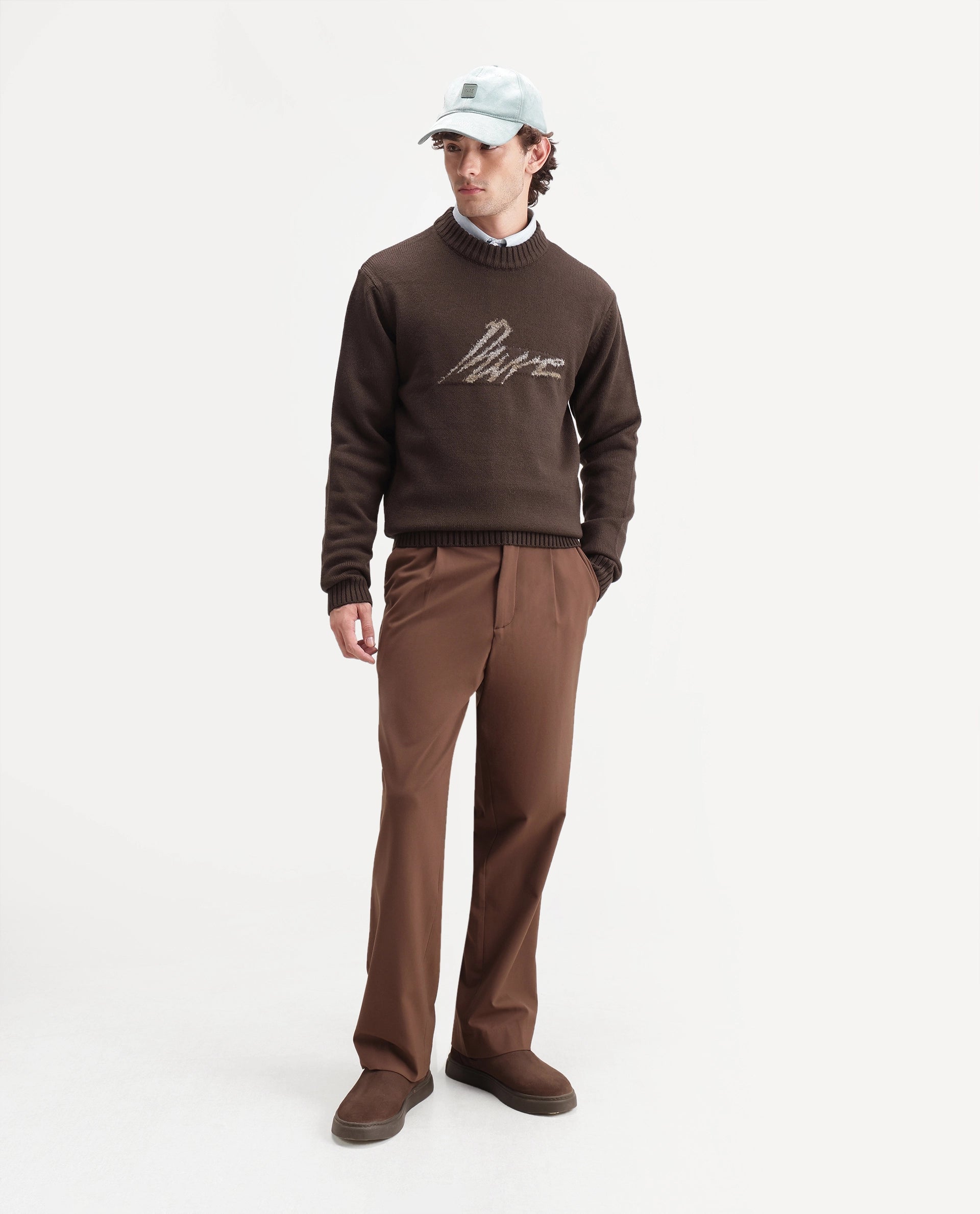 Rare Rabbit Men's Drok Brown Acrylic Regular Fit Acrylic Sweater