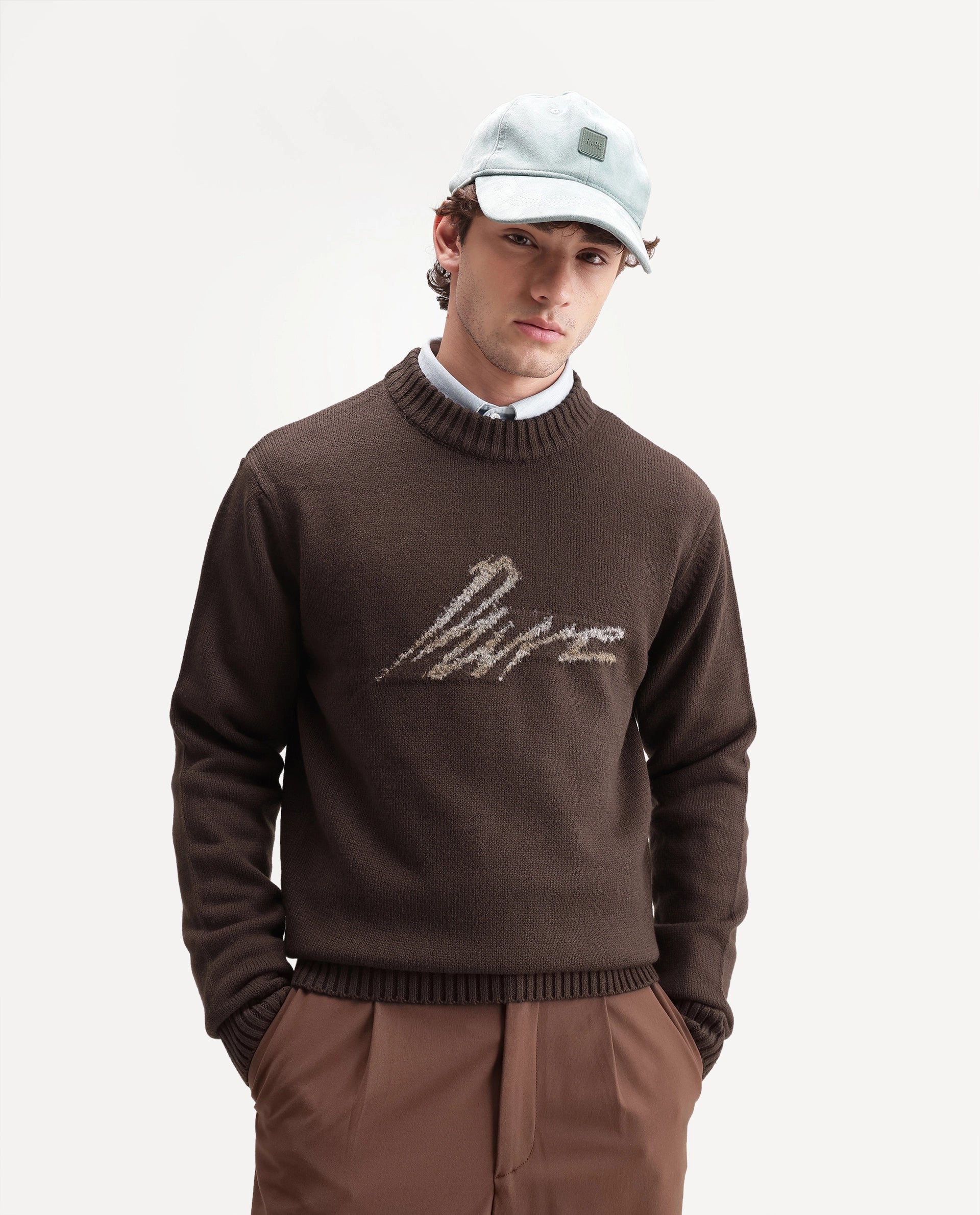 Rare Rabbit Men's Drok Brown Acrylic Regular Fit Acrylic Sweater